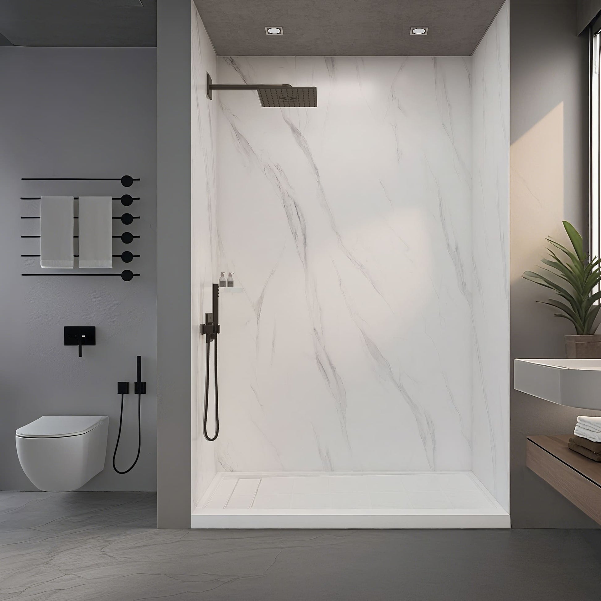 60"x36"x96" SMC Shower Wall Panel Kit in Calacatta/Carrara Finish with Grout-Free Matte Surface