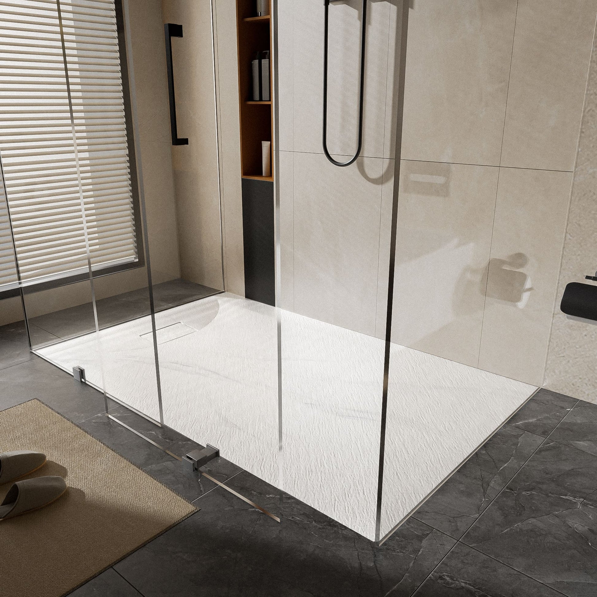 Curbless SMC Shower Base with Flamed Rock Slip-Resistant Surface, Reversible Drain