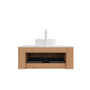 Floating Bathroom Vanity with Curved Edges, Fluted Drawer Fronts, Carrara Sintered Stone Top and Round Ceramic Vessel Sink, Natural Woodgrain / Dark Walnut