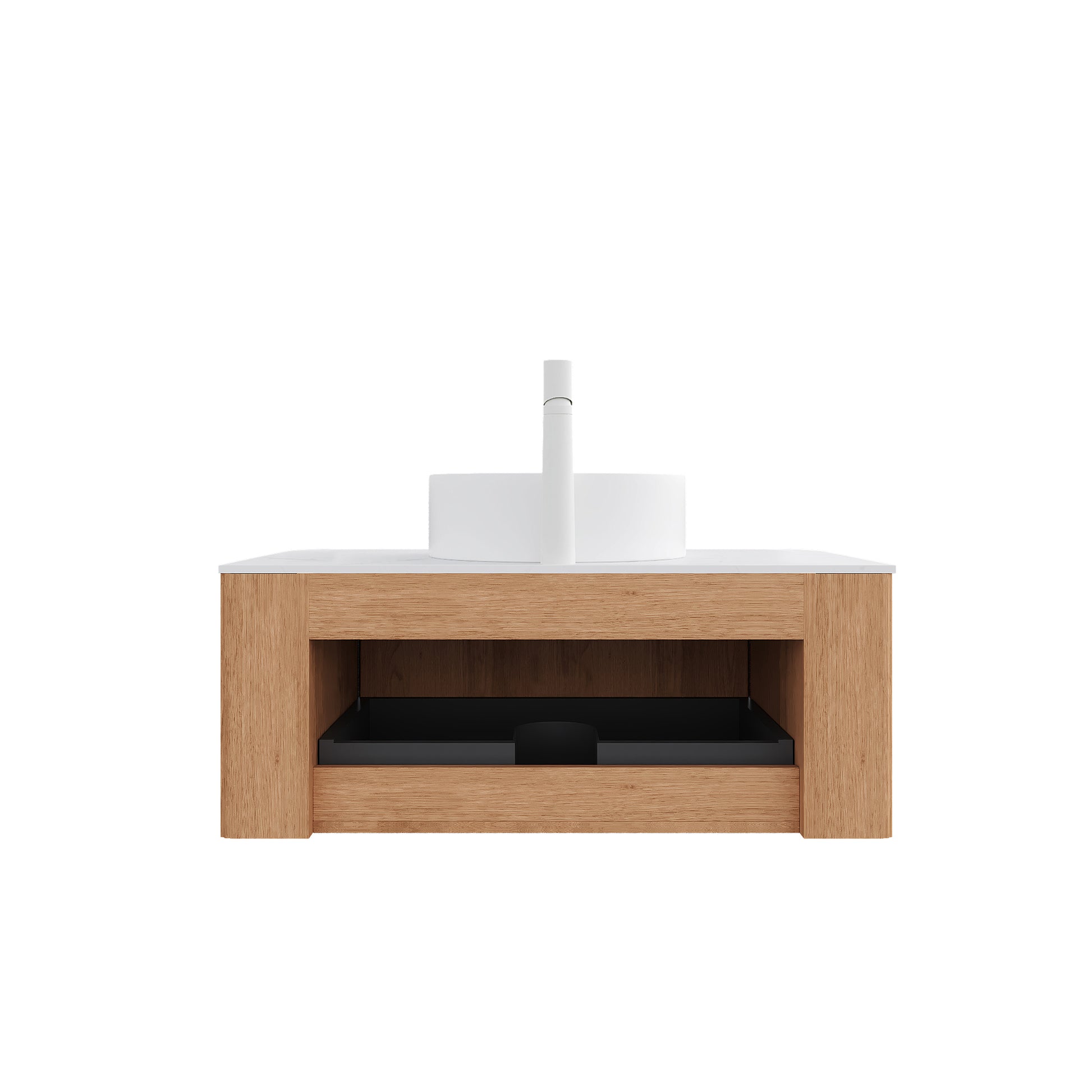 Floating Bathroom Vanity with Curved Edges, Fluted Drawer Fronts, Carrara Sintered Stone Top and Round Ceramic Vessel Sink, Natural Woodgrain / Dark Walnut