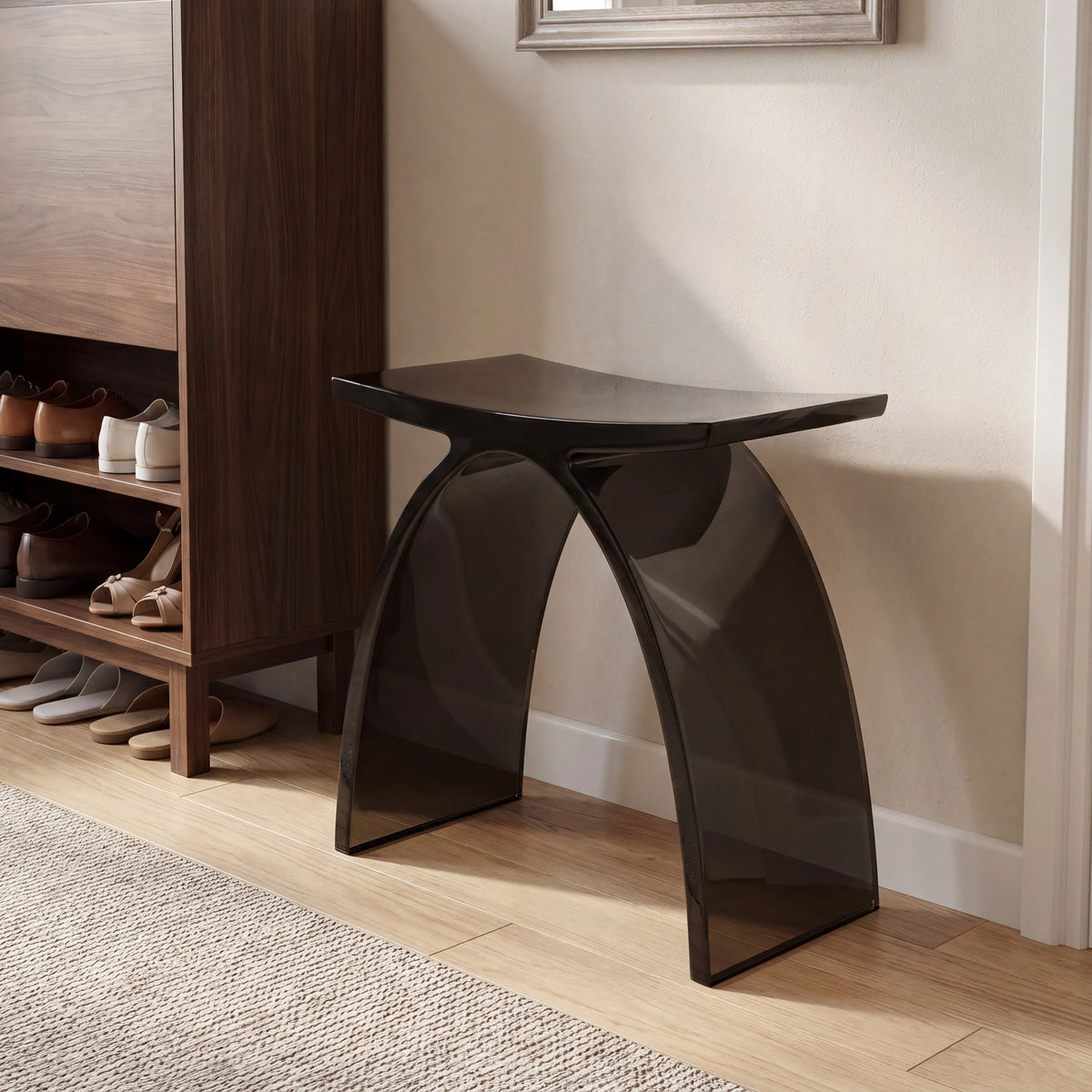 Translucent Resin Arched Solid Surface Bathroom Shower Bench in Glossy Smoke Black/Amber
