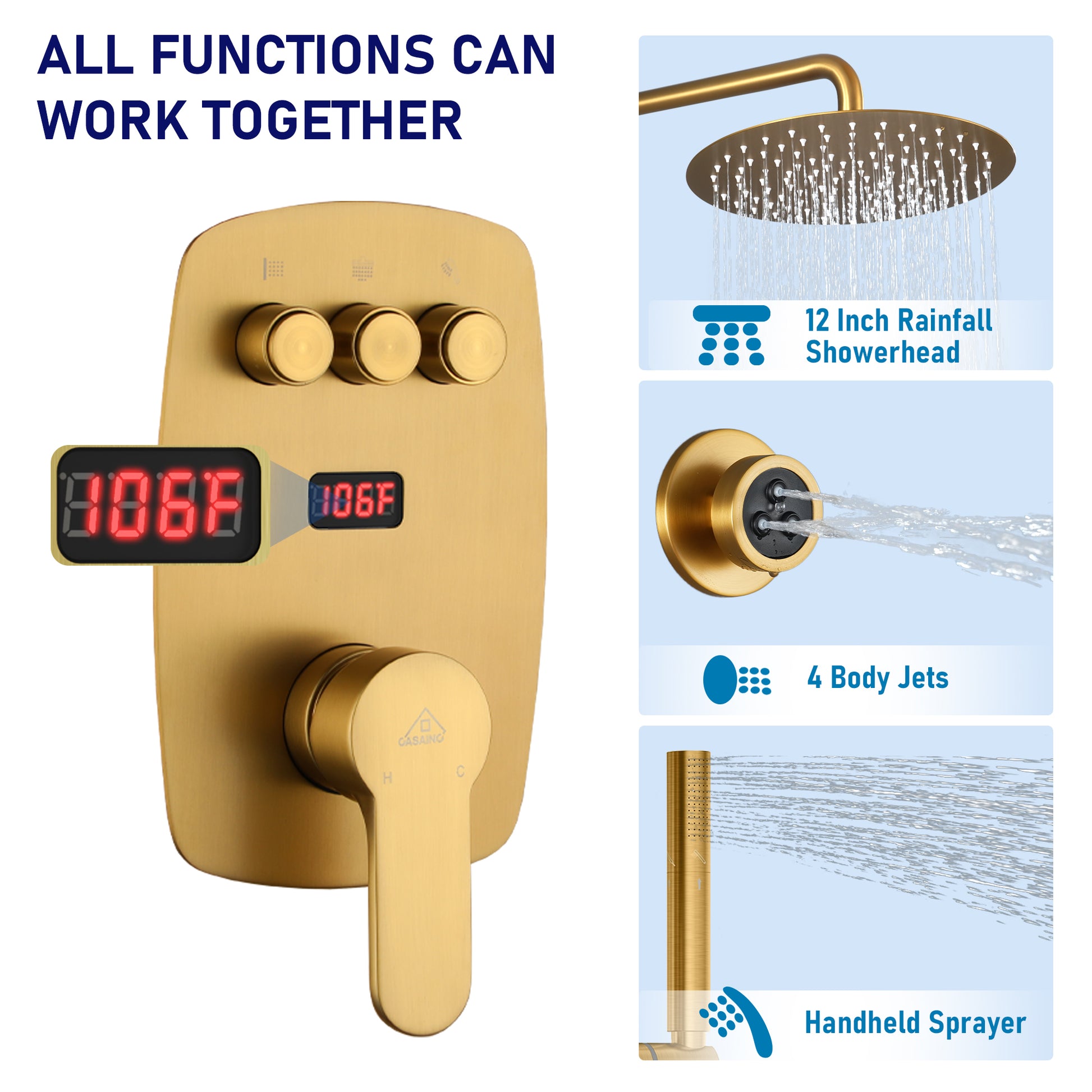 12" Wall-Mounted Body Jet Shower System with Slide Bar & Digital Display