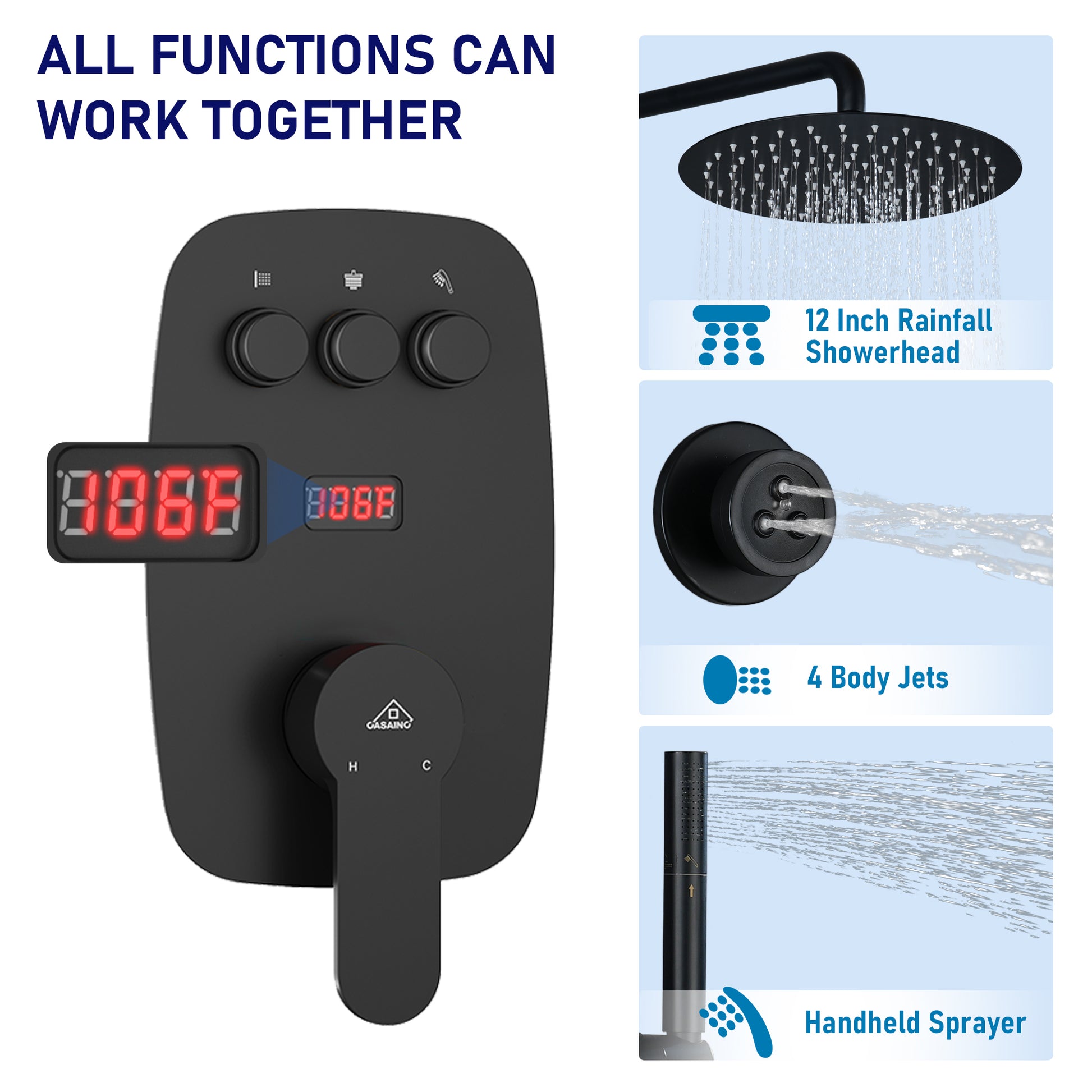 12" Wall-Mounted Body Jet Shower System with Slide Bar & Digital Display