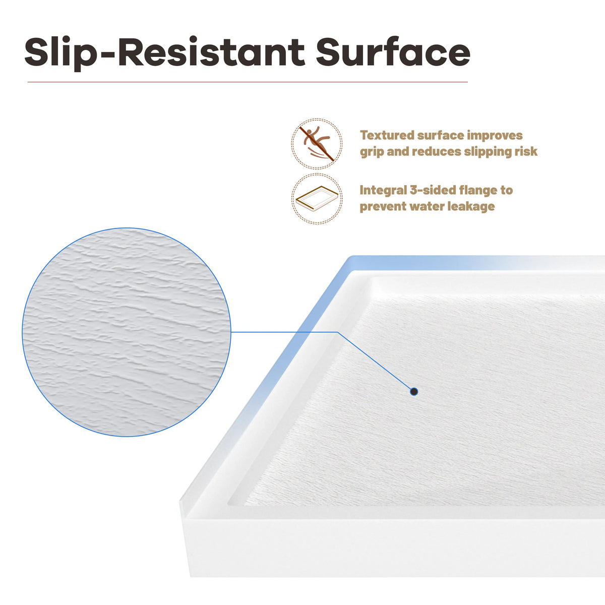 36"-60"x30"-36" White SMC Shower Base with Flamed Rock Slip-Resistant Surface, Center Drain