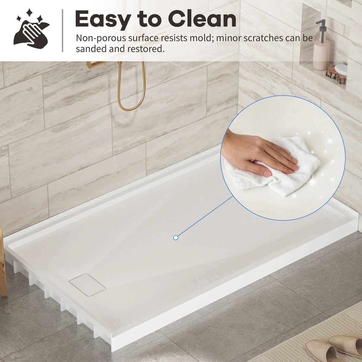 48"/60"x30"-36" White SMC Shower Base with Flamed Rock Slip-Resistant Surface, Left/Right Drain