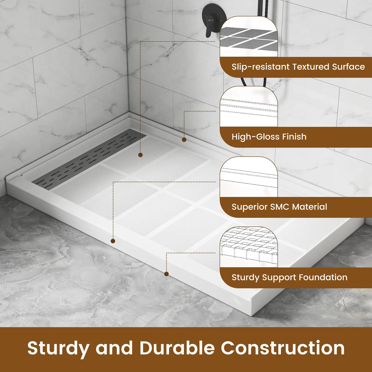 48"/60" x 30"/32"/36" White SMC Rectangular Shower Base with Non-Slip Texture, Left/Right Drain