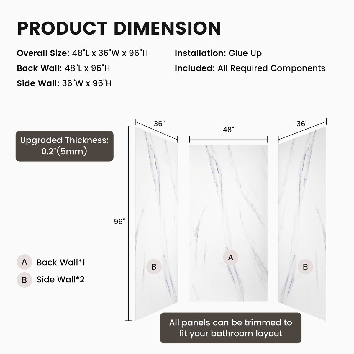 48"x36"x96" Calacatta/Cararra White SMC Shower Wall Panel System, Waterproof Grout-Free Shower Surround