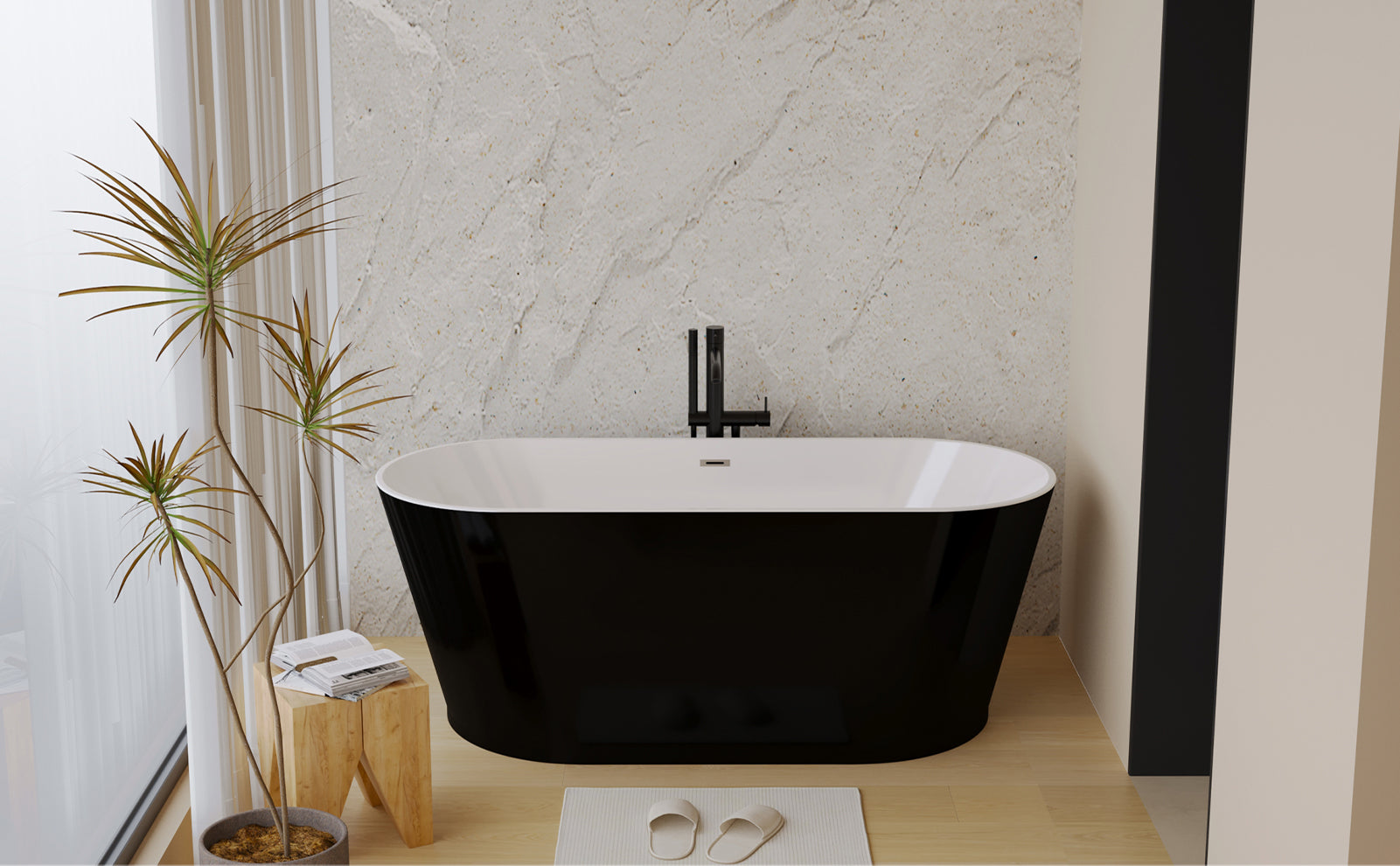 59 in. Acrylic Freestanding Soaking Bathtub with Toe-Tap Drain in Glossy White/Black