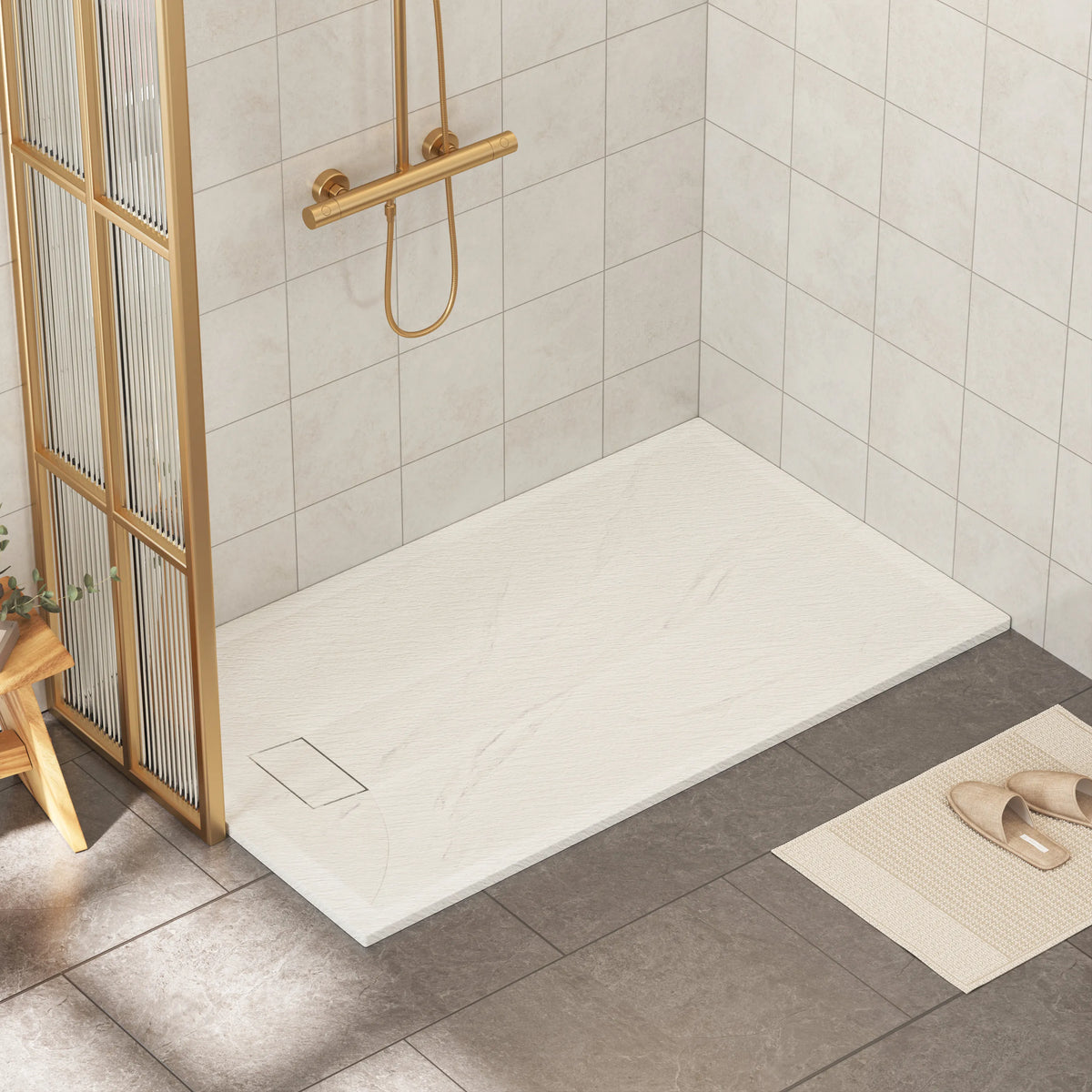 60"x32"/36" Curbless SMC Shower Base with Flamed Rock Slip-Resistant Surface, Reversible Drain