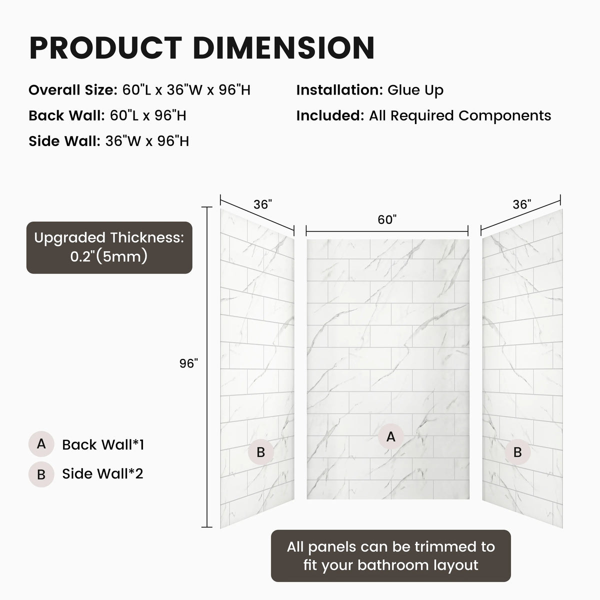 60"x36"/48"x96" Medium Tile Pattern SMC Shower Wall Panel System in 4 Finishes