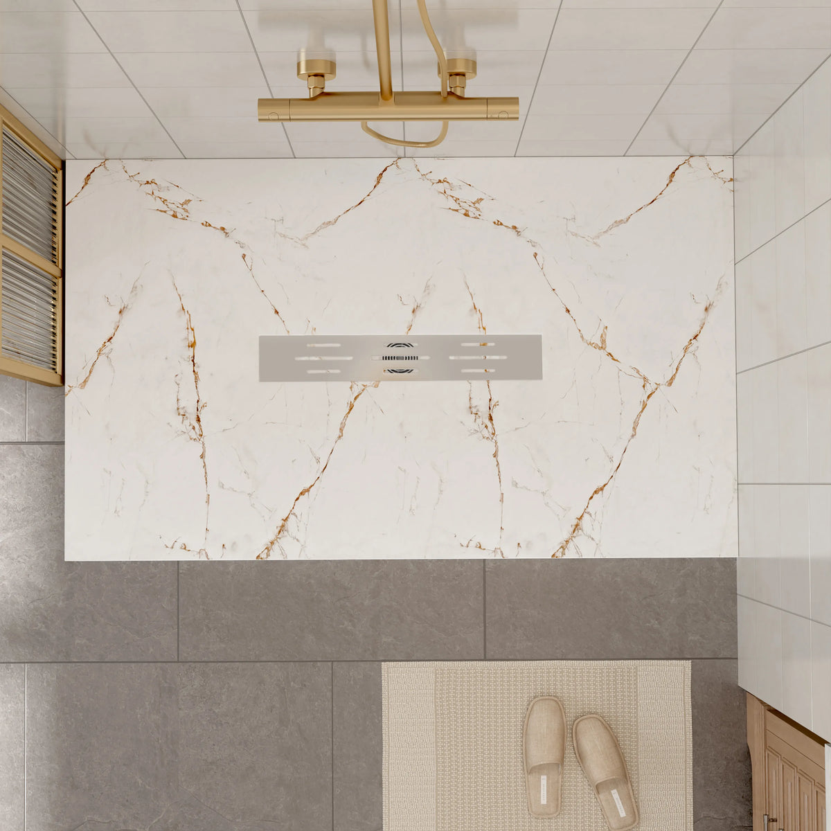 60"x36" White/Calacatta Curbless SMC Shower Base with Flamed Rock Slip-Resistant Surface, Center Drain