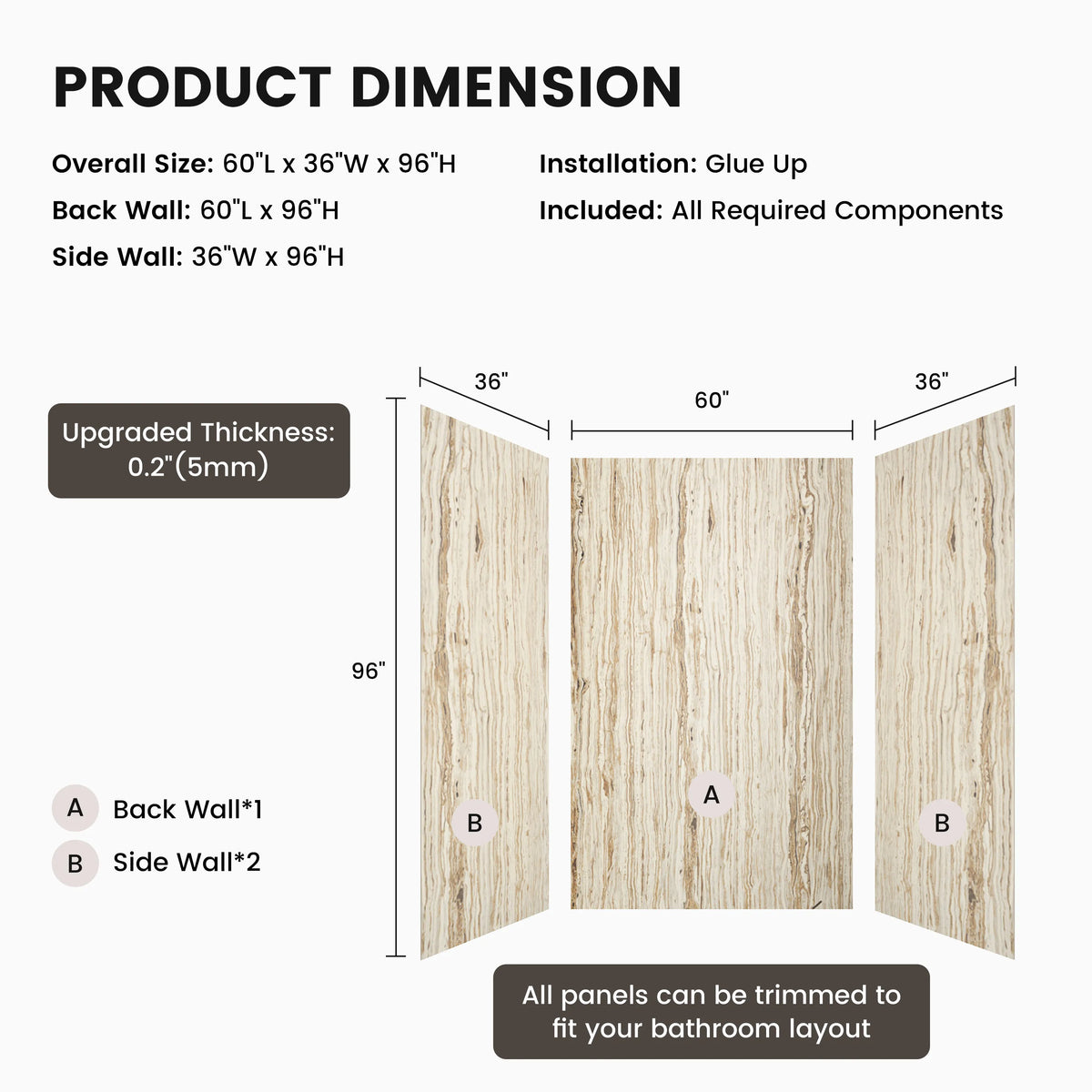 60"x36"x96" SMC Shower Wall Panels, Waterproof Grout-Free Shower Surround in 4 Finishes