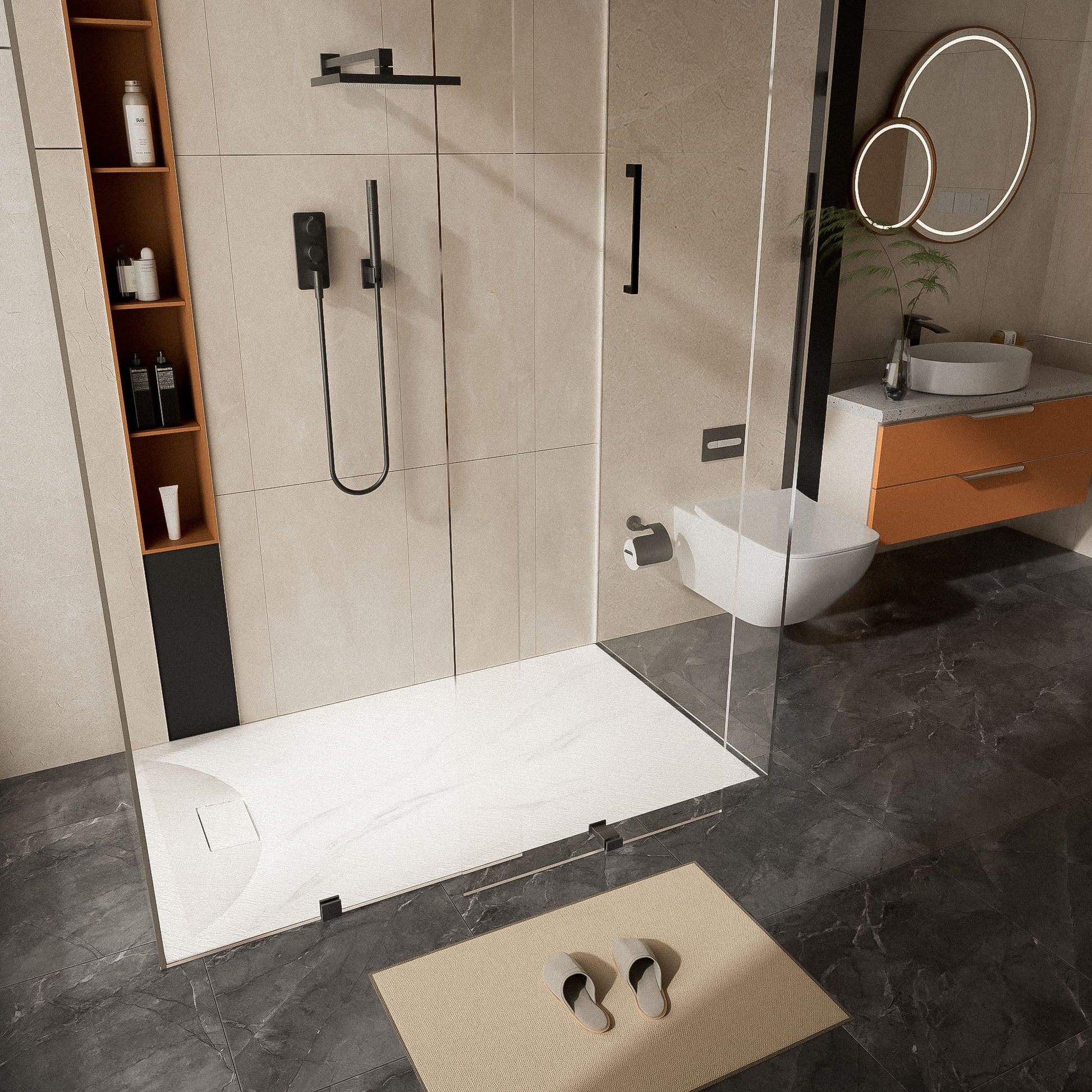 Curbless SMC Shower Base with Flamed Rock Slip-Resistant Surface, Reversible Drain