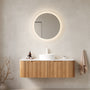 Floating Bathroom Vanity with Curved Edges, Fluted Drawer Fronts, Carrara Sintered Stone Top and Round Ceramic Vessel Sink, Natural Woodgrain / Dark Walnut