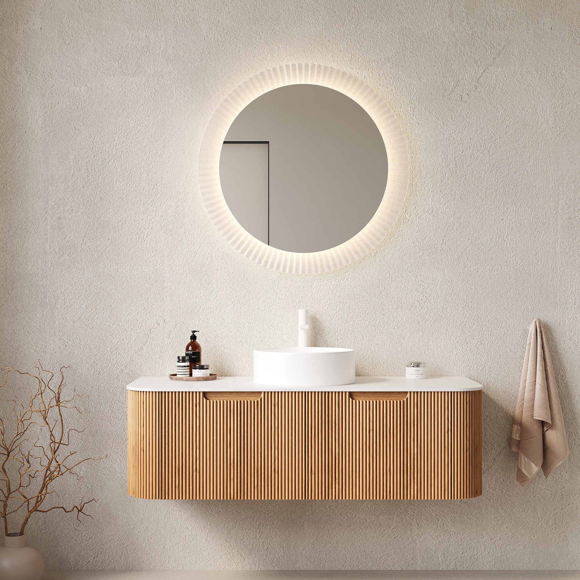 Floating Bathroom Vanity with Curved Edges, Fluted Drawer Fronts, Carrara Sintered Stone Top and Round Ceramic Vessel Sink, Natural Woodgrain / Dark Walnut