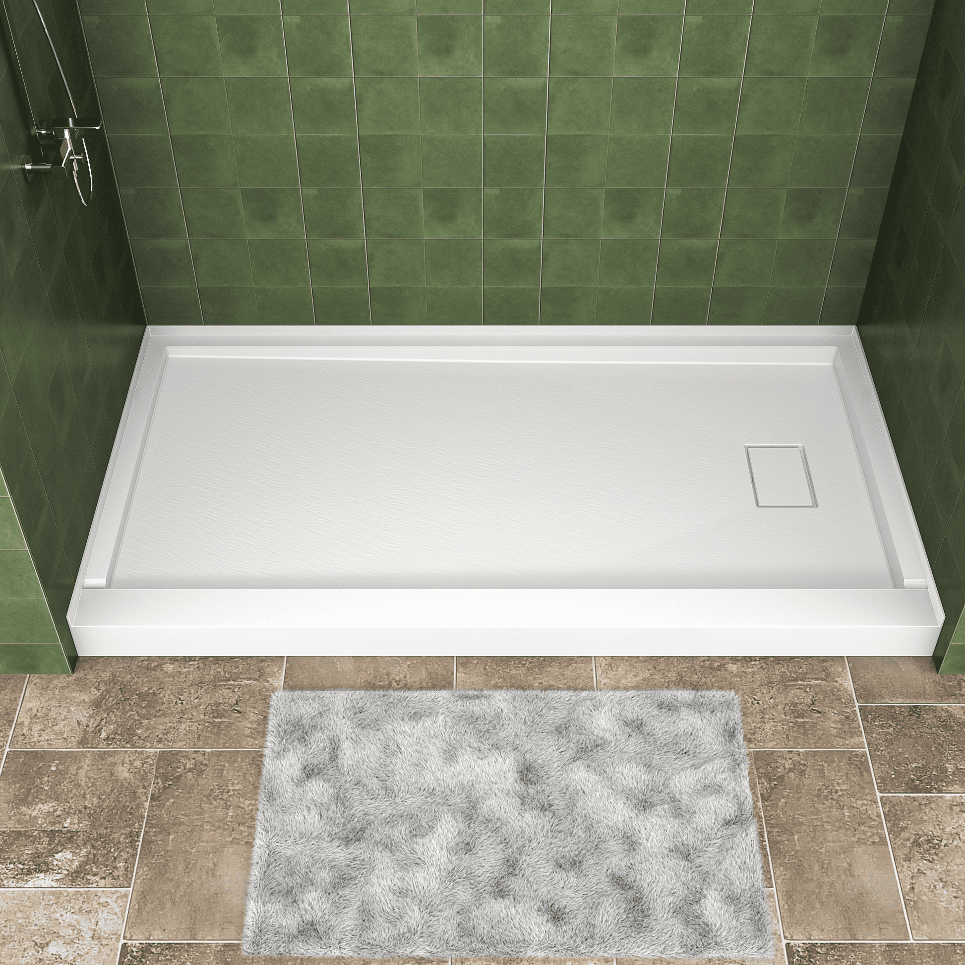 One-piece White Shower Base with Flamed Rock Slip-Resistant Surface, Left/Right Drain