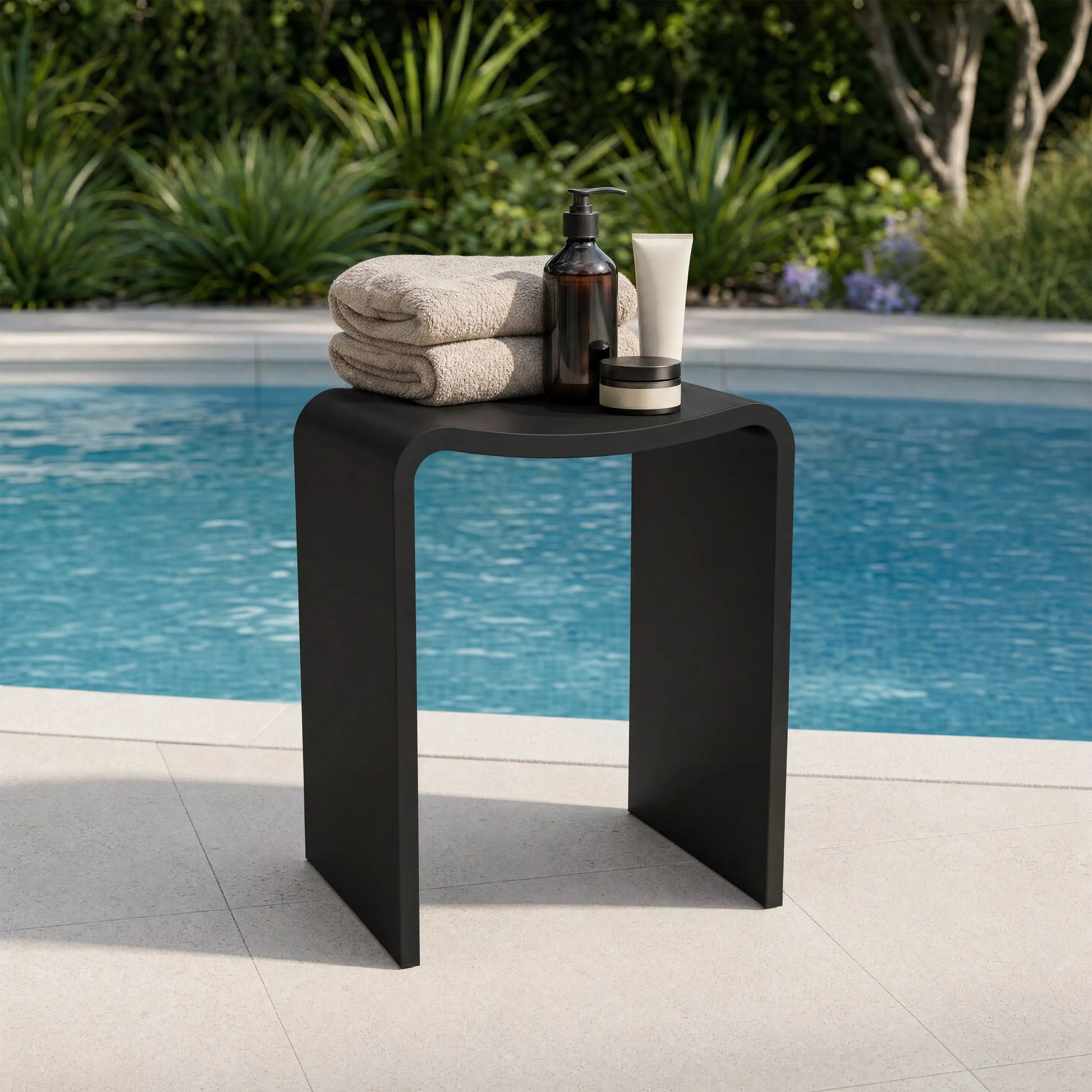 Solid Surface U-Shaped Shower Stool in Matte White / Matte Black