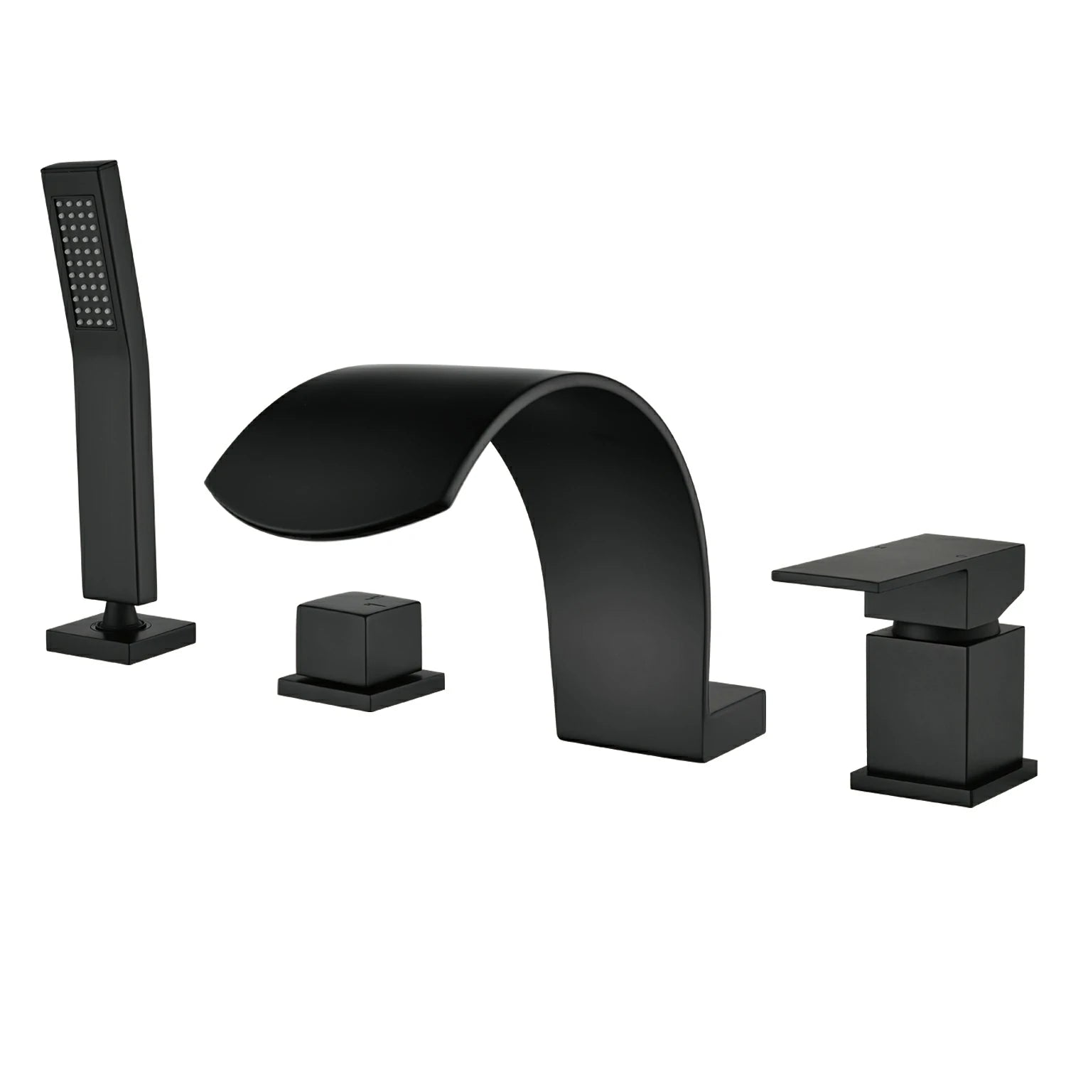 4-Hole Waterfall Deck-Mounted Bathtub Faucet with Hand Shower in Matte Black/Brushed Gold
