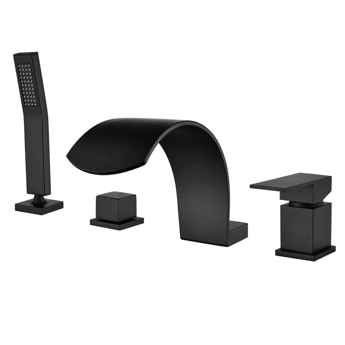 4-Hole Waterfall Deck-Mounted Bathtub Faucet with Hand Shower in Matte Black/Brushed Gold