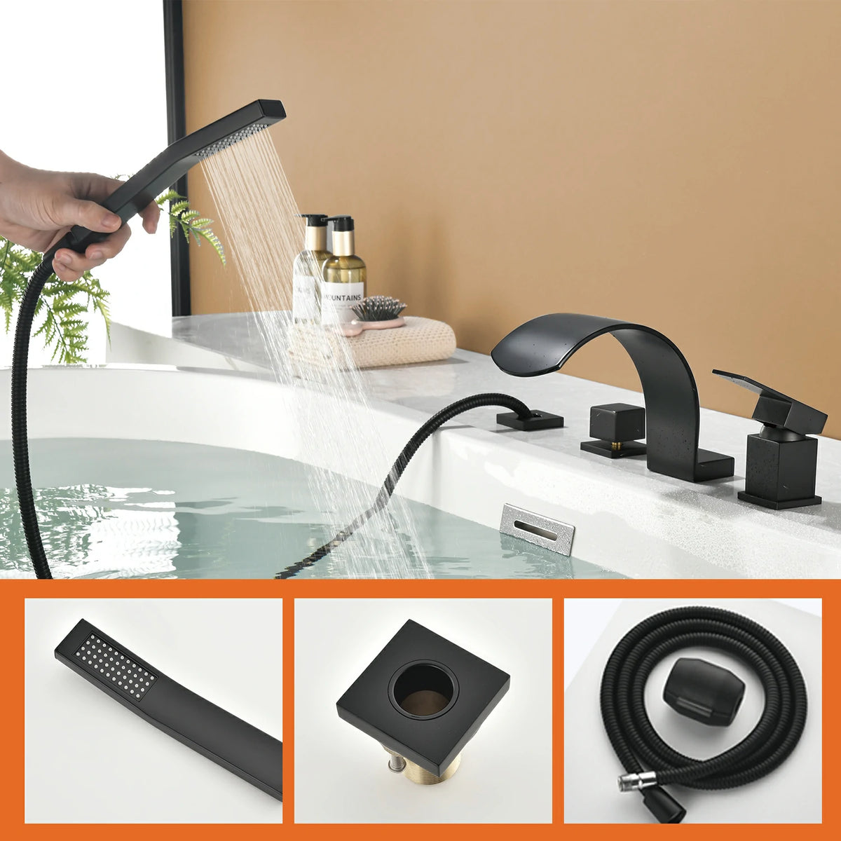 4-Hole Waterfall Deck-Mounted Bathtub Faucet with Hand Shower in Matte Black/Brushed Gold