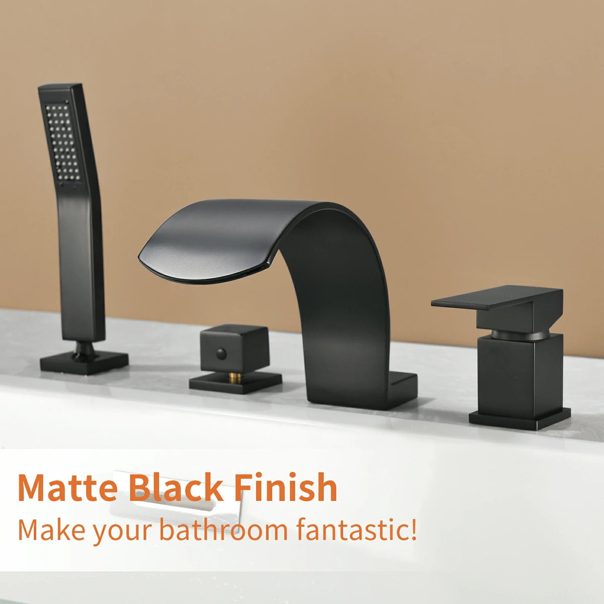 4-Hole Waterfall Deck-Mounted Bathtub Faucet with Hand Shower in Matte Black/Brushed Gold