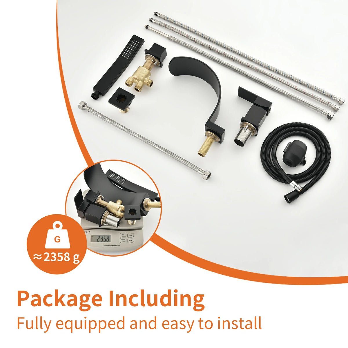 4-Hole Waterfall Deck-Mounted Bathtub Faucet with Hand Shower in Matte Black/Brushed Gold