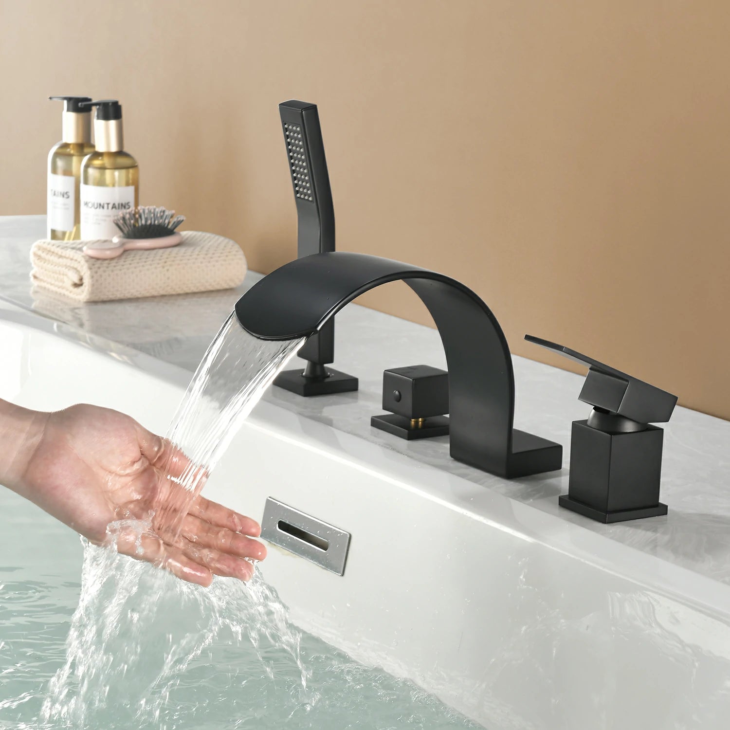 4-Hole Waterfall Deck-Mounted Bathtub Faucet with Hand Shower in Matte Black/Brushed Gold