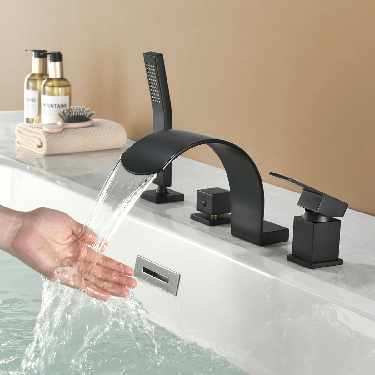 4-Hole Waterfall Deck-Mounted Bathtub Faucet with Hand Shower in Matte Black/Brushed Gold