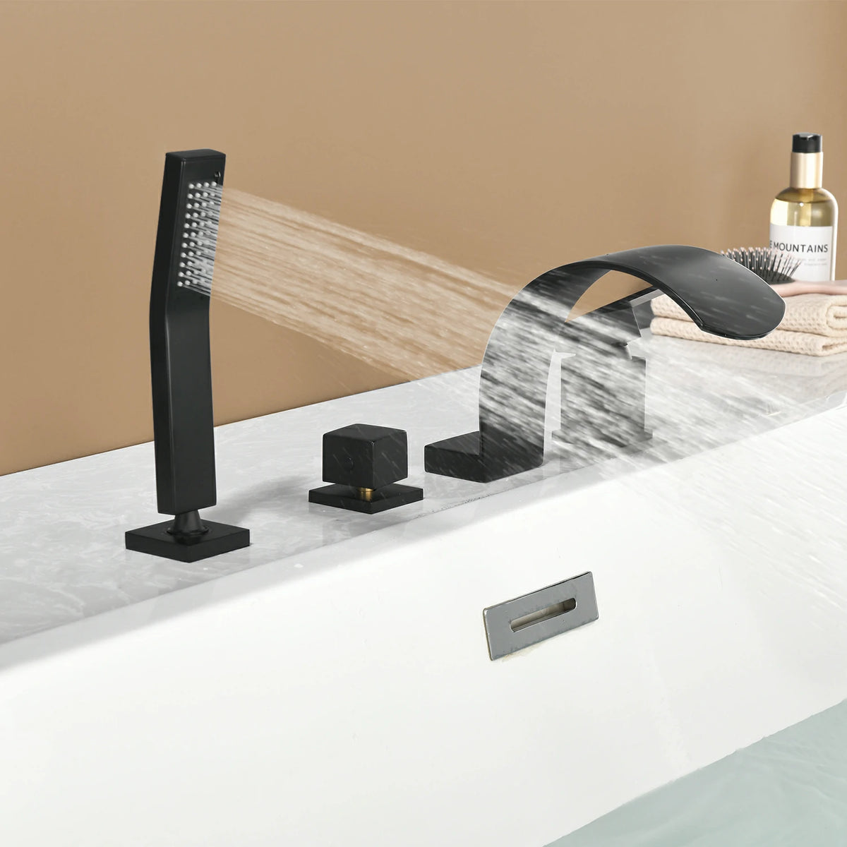 4-Hole Waterfall Deck-Mounted Bathtub Faucet with Hand Shower in Matte Black/Brushed Gold
