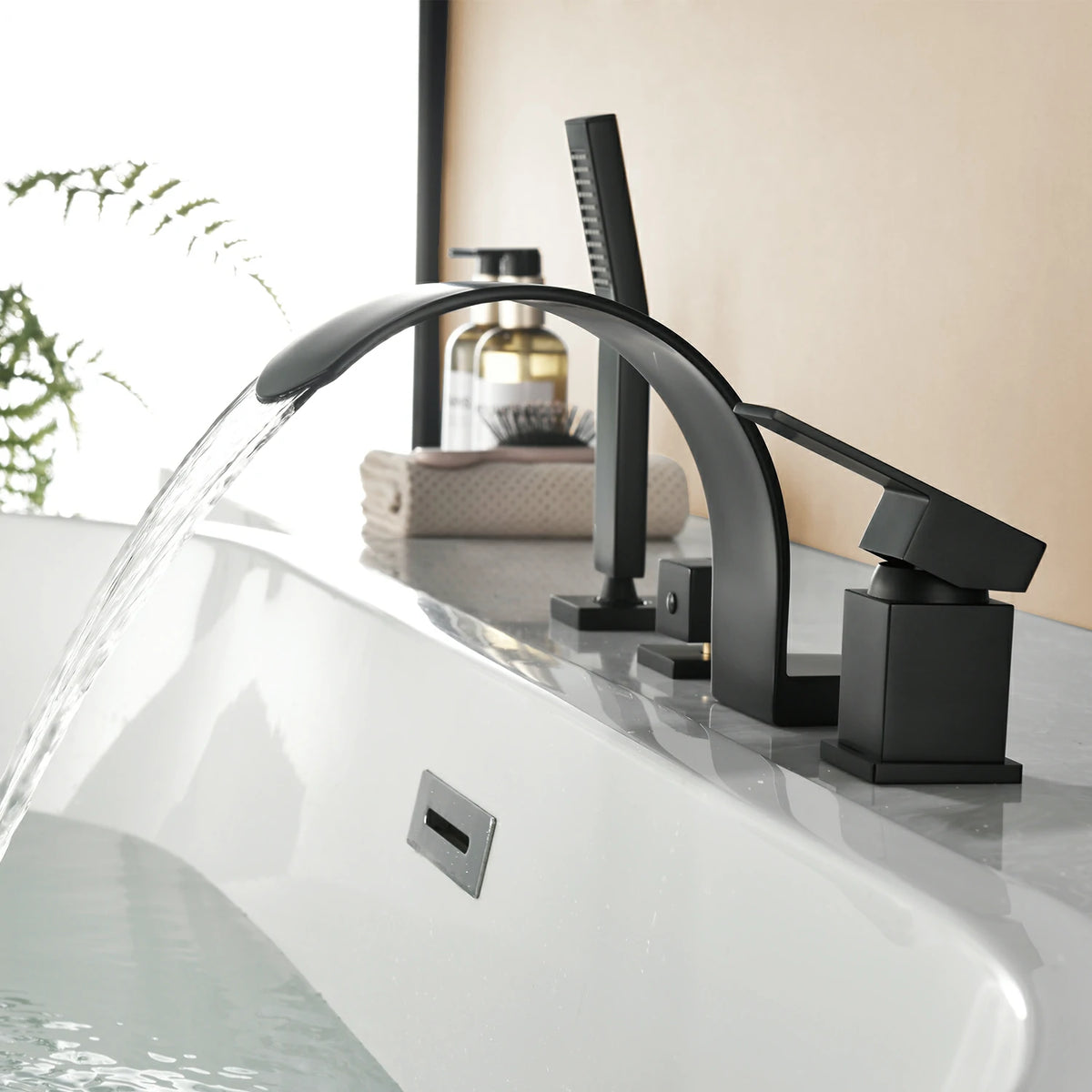 4-Hole Waterfall Deck-Mounted Bathtub Faucet with Hand Shower in Matte Black/Brushed Gold