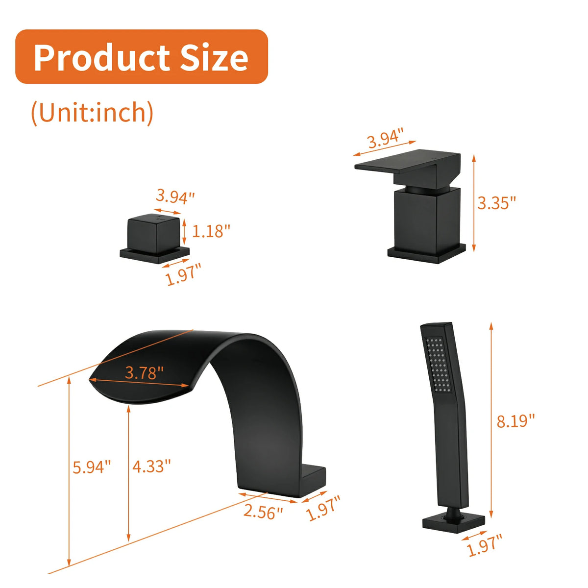4-Hole Waterfall Deck-Mounted Bathtub Faucet with Hand Shower in Matte Black/Brushed Gold