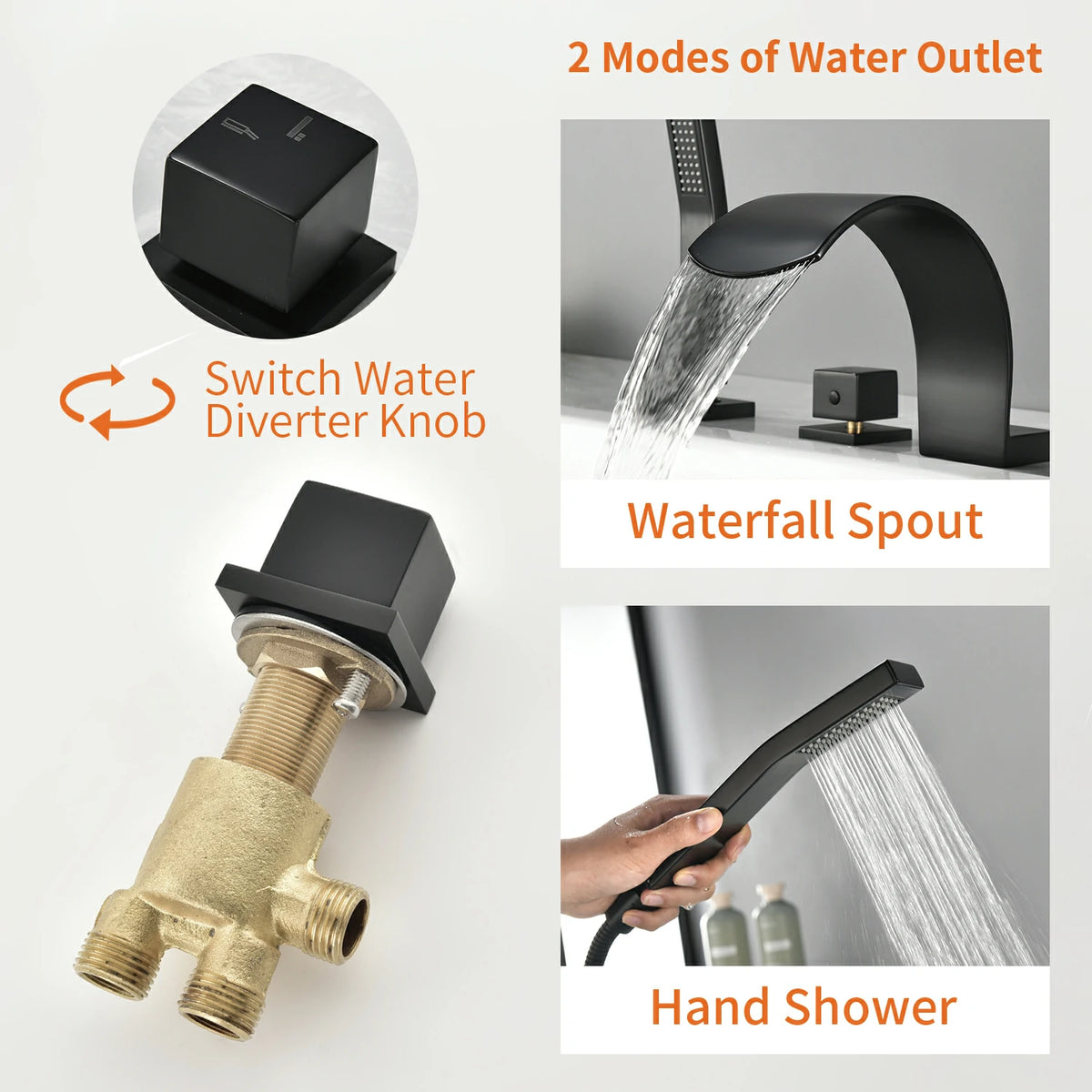 4-Hole Waterfall Deck-Mounted Bathtub Faucet with Hand Shower in Matte Black/Brushed Gold