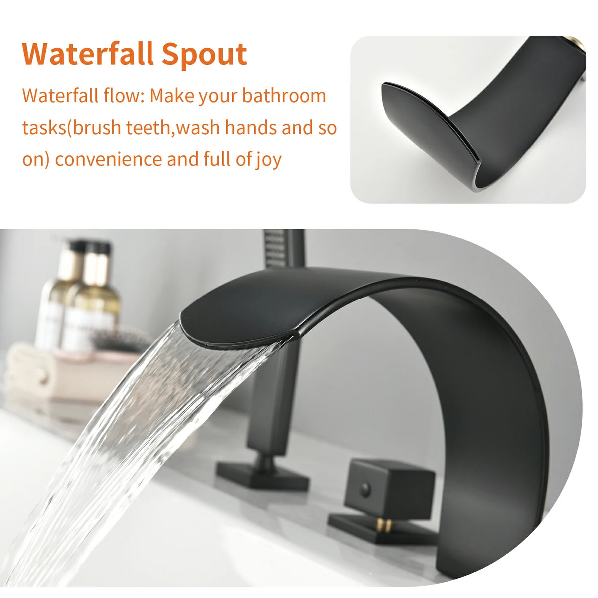 4-Hole Waterfall Deck-Mounted Bathtub Faucet with Hand Shower in Matte Black/Brushed Gold