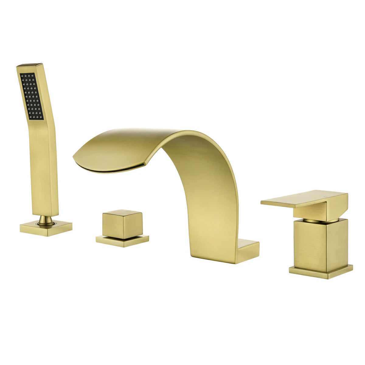4-Hole Waterfall Deck-Mounted Bathtub Faucet with Hand Shower in Matte Black/Brushed Gold
