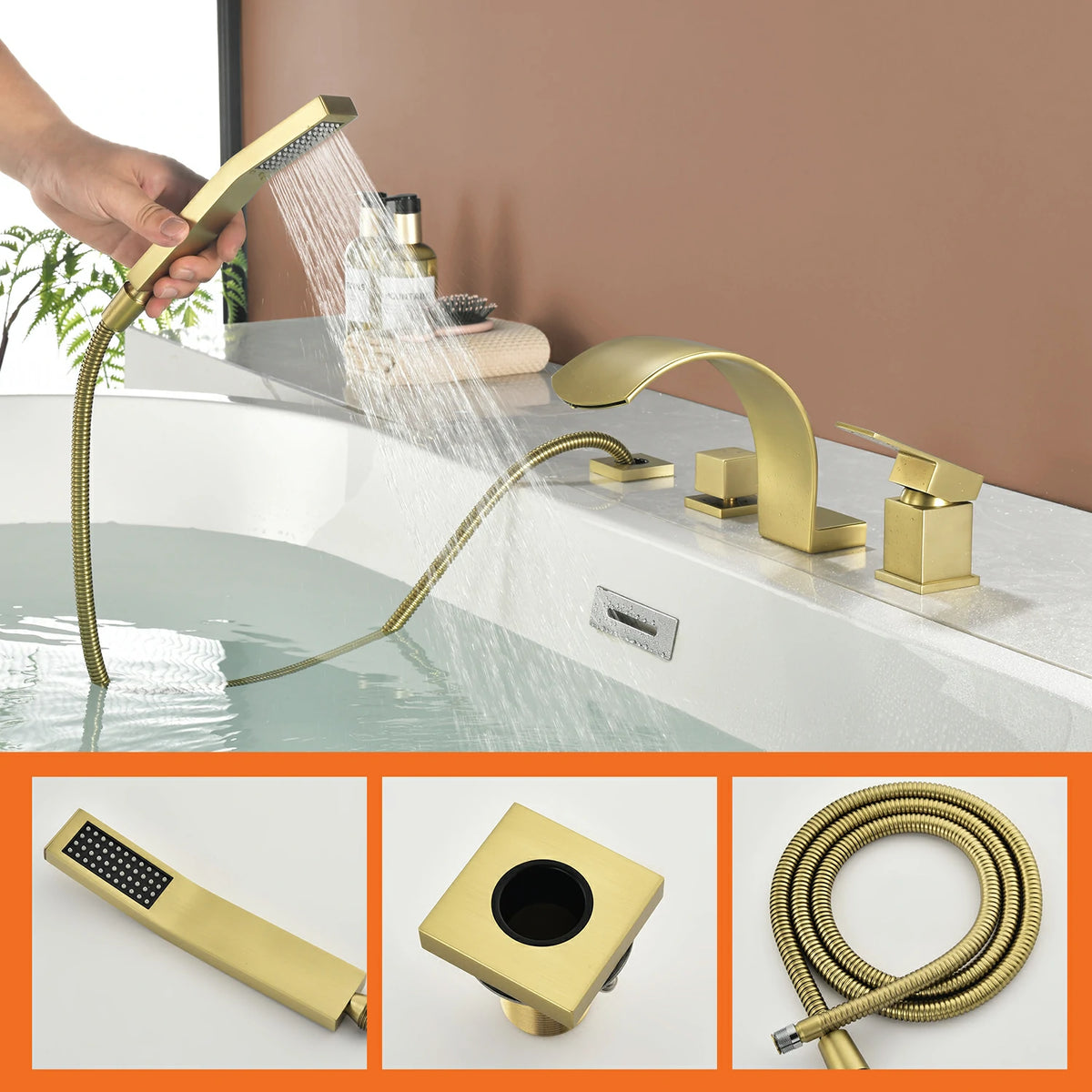 4-Hole Waterfall Deck-Mounted Bathtub Faucet with Hand Shower in Matte Black/Brushed Gold