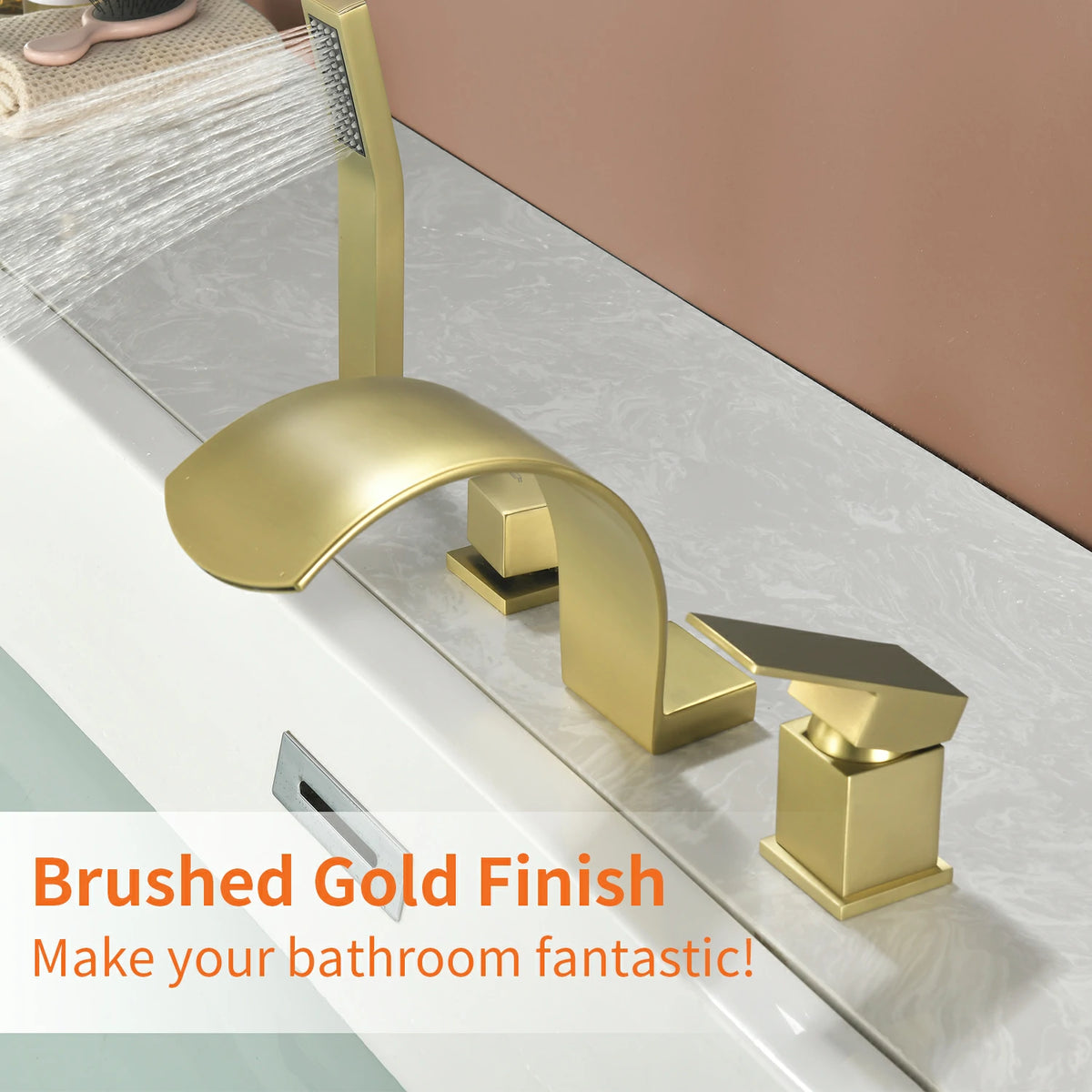 4-Hole Waterfall Deck-Mounted Bathtub Faucet with Hand Shower in Matte Black/Brushed Gold