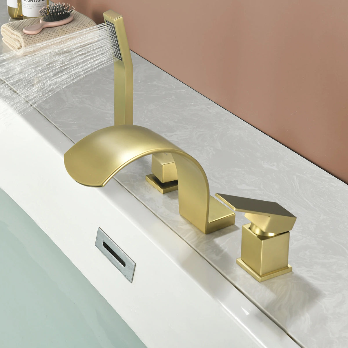 4-Hole Waterfall Deck-Mounted Bathtub Faucet with Hand Shower in Matte Black/Brushed Gold