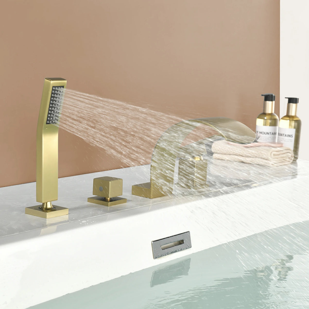 4-Hole Waterfall Deck-Mounted Bathtub Faucet with Hand Shower in Matte Black/Brushed Gold