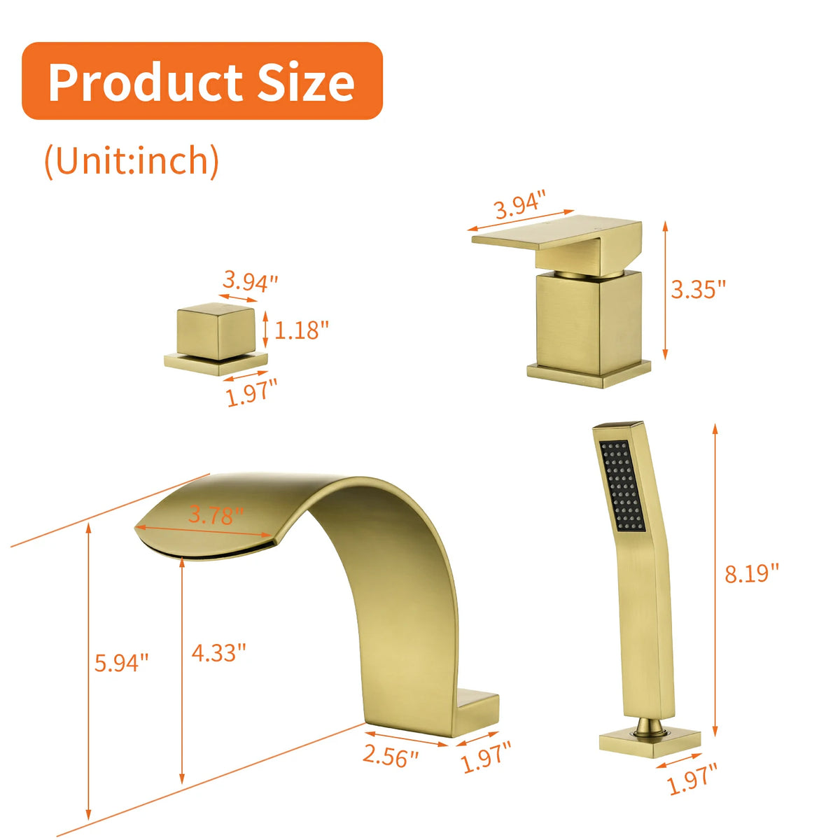 4-Hole Waterfall Deck-Mounted Bathtub Faucet with Hand Shower in Matte Black/Brushed Gold