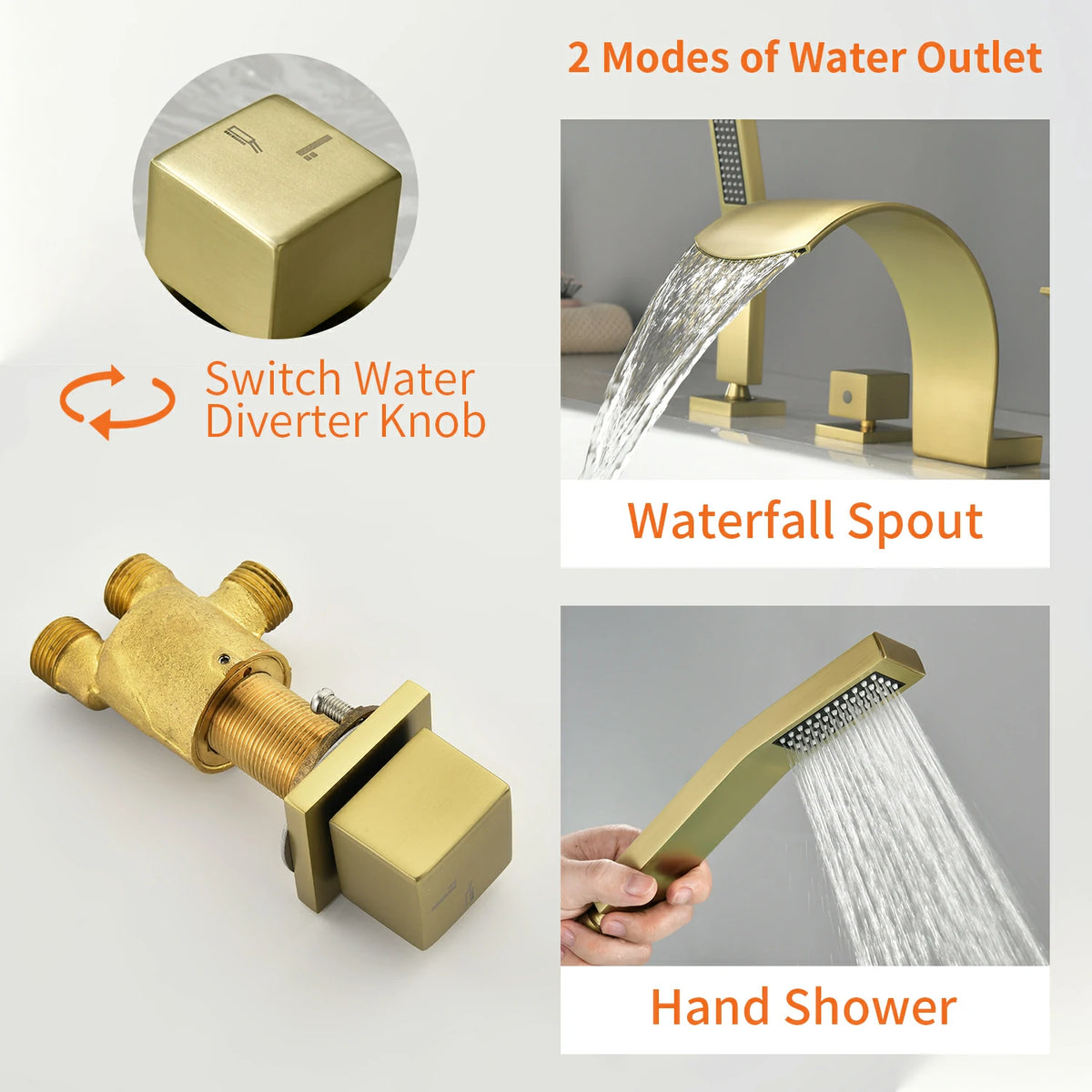 4-Hole Waterfall Deck-Mounted Bathtub Faucet with Hand Shower in Matte Black/Brushed Gold