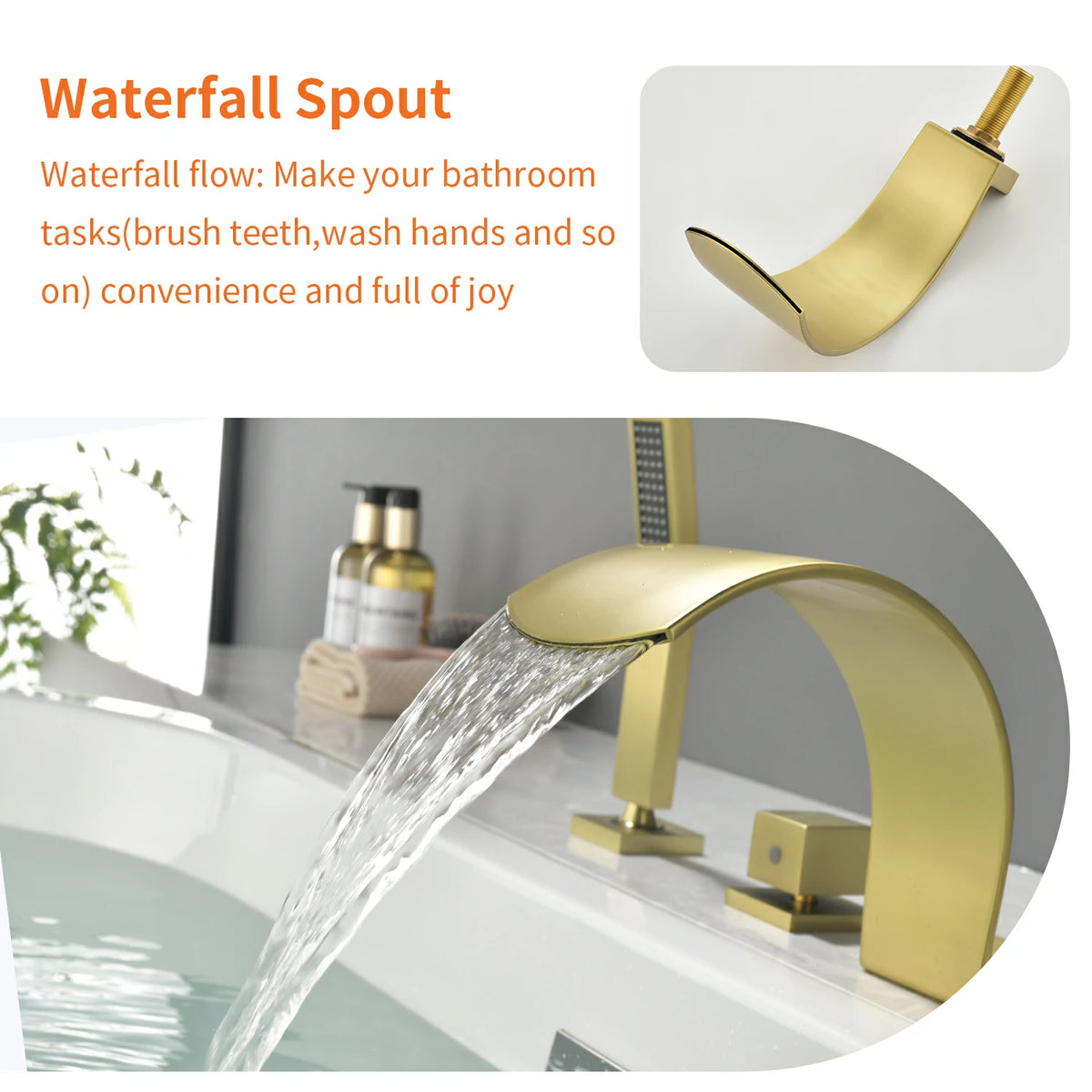4-Hole Waterfall Deck-Mounted Bathtub Faucet with Hand Shower in Matte Black/Brushed Gold