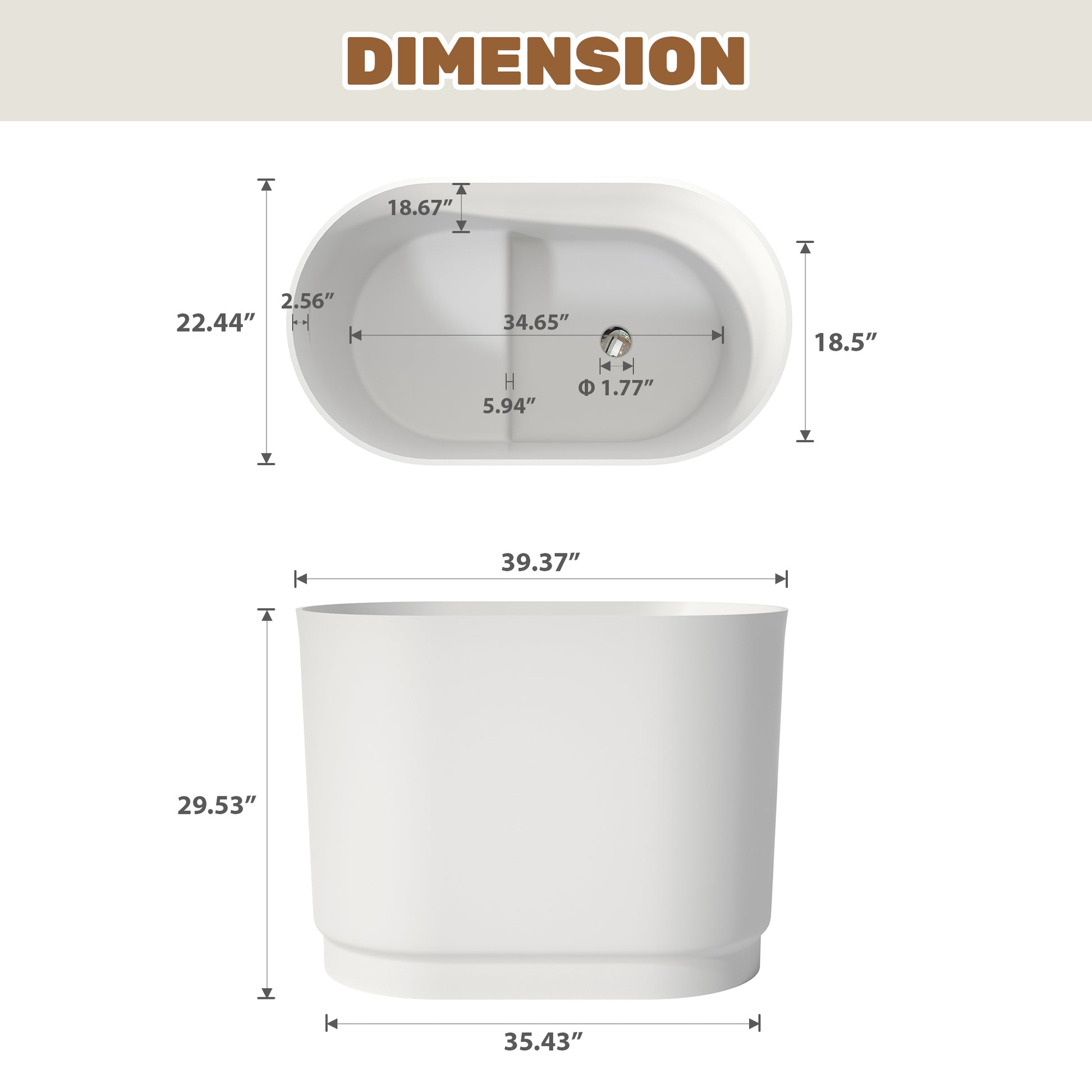 39" Small Freestanding Oval Solid Surface Soaking Bathtub with Built-In Seat - Tangent