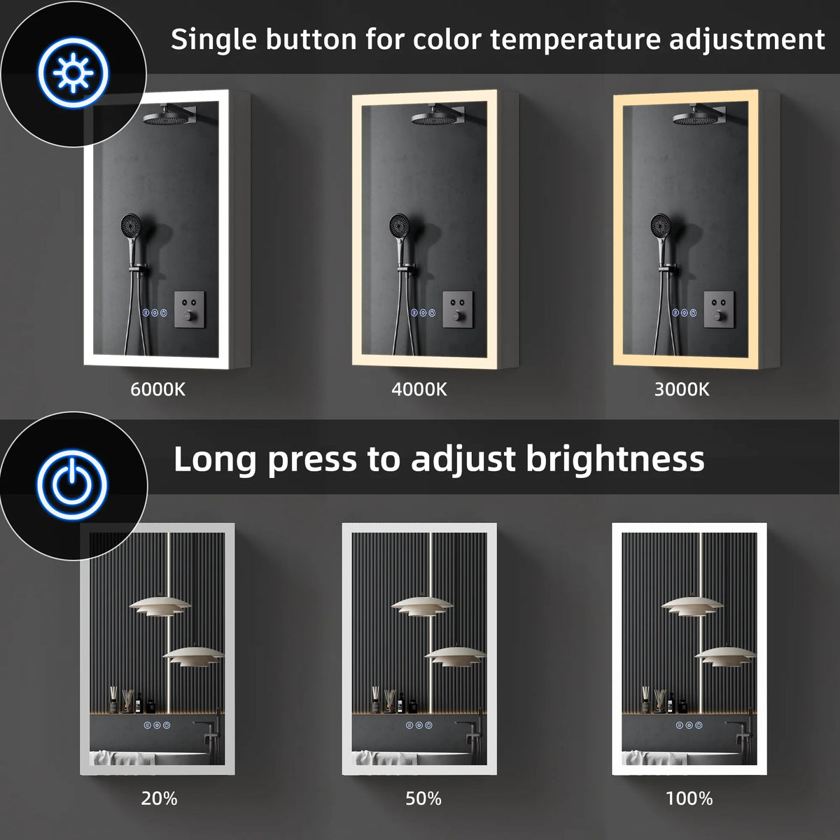 16"-96" Aluminum LED Medicine Cabinet with Anti-Fog Mirror, 3 Color Temperatures & Dimmable Lighting