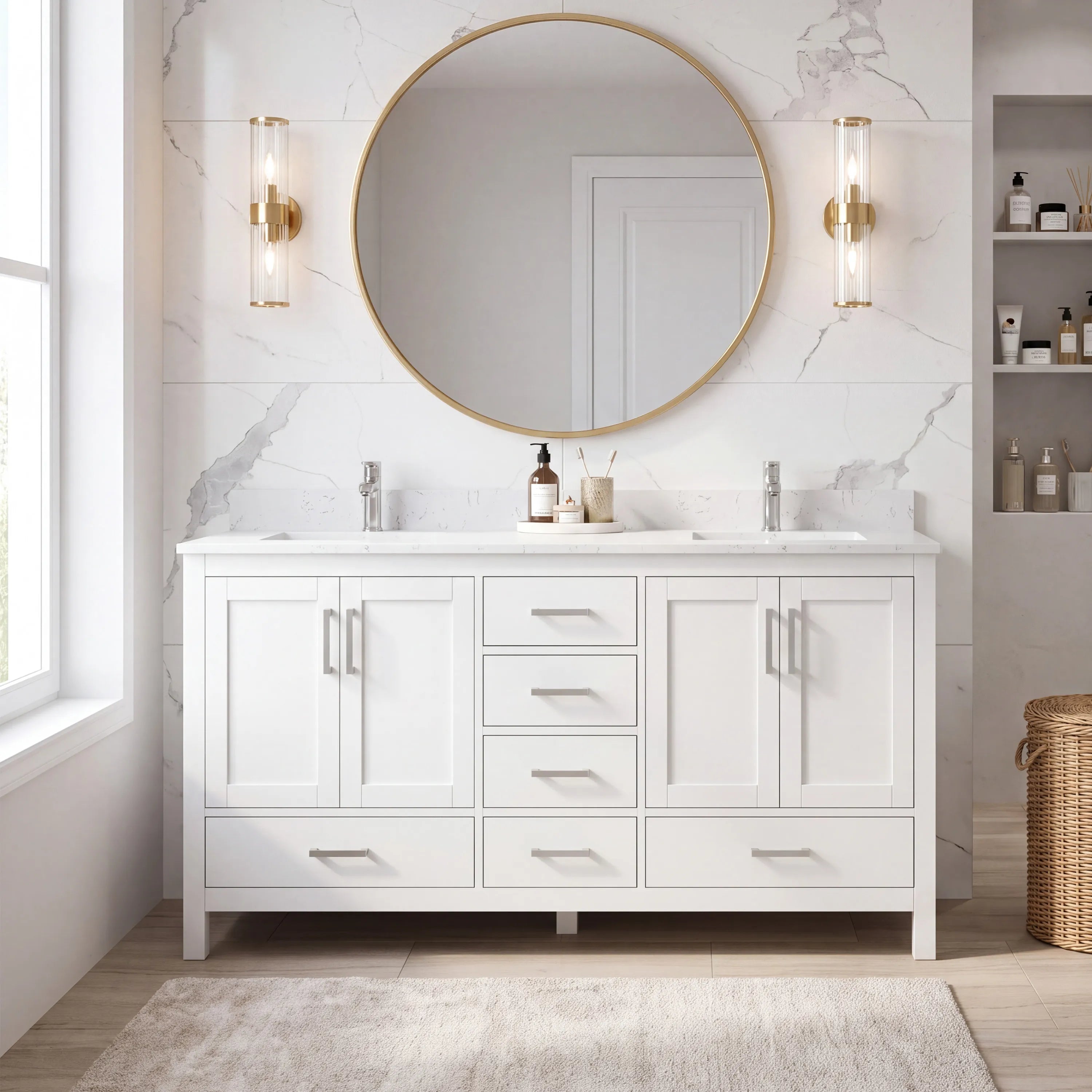 30"/36"/48"/72" Freestanding Bathroom Vanity with White Marble-Pattern Artificial Stone Top