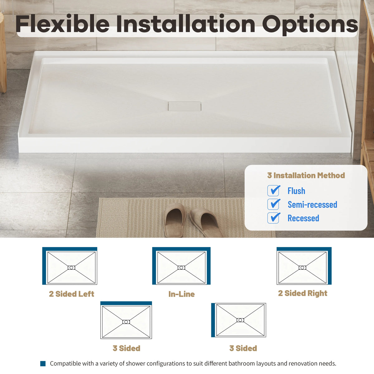 36"-60"x30"-36" White SMC Shower Base with Flamed Rock Slip-Resistant Surface, Center Drain
