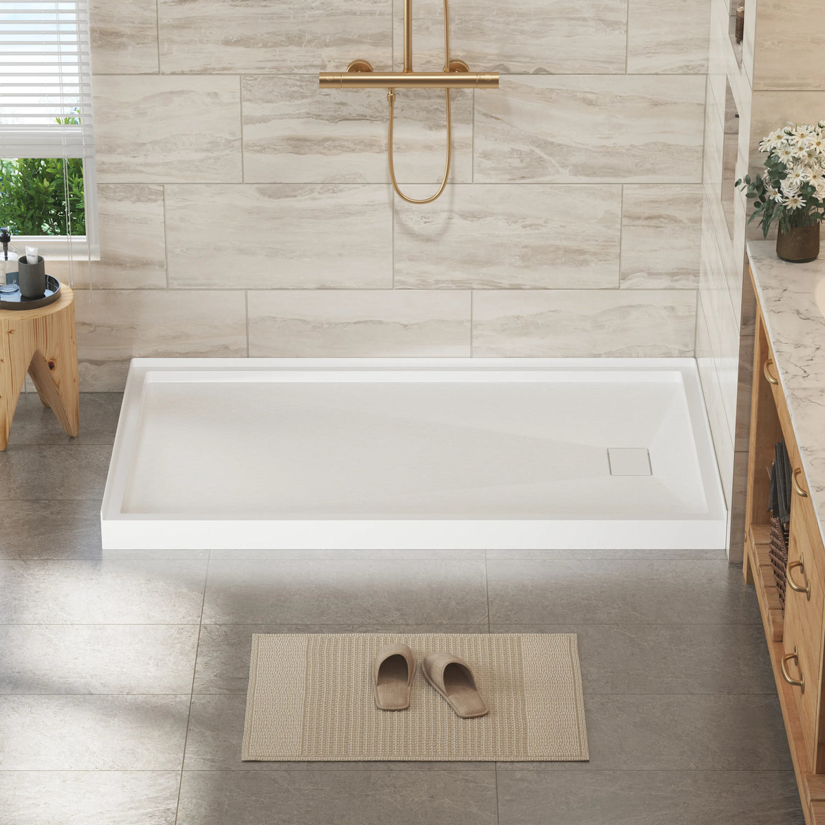 48"/60"x30"-36" White SMC Shower Base with Flamed Rock Slip-Resistant Surface, Left/Right Drain