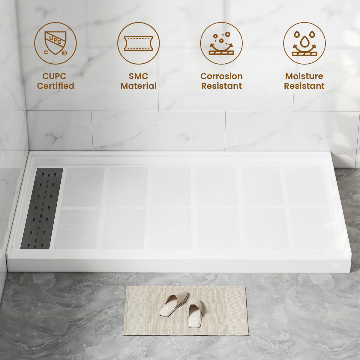 48"/60" x 30"/32"/36" White SMC Rectangular Shower Base with Non-Slip Texture, Left/Right Drain