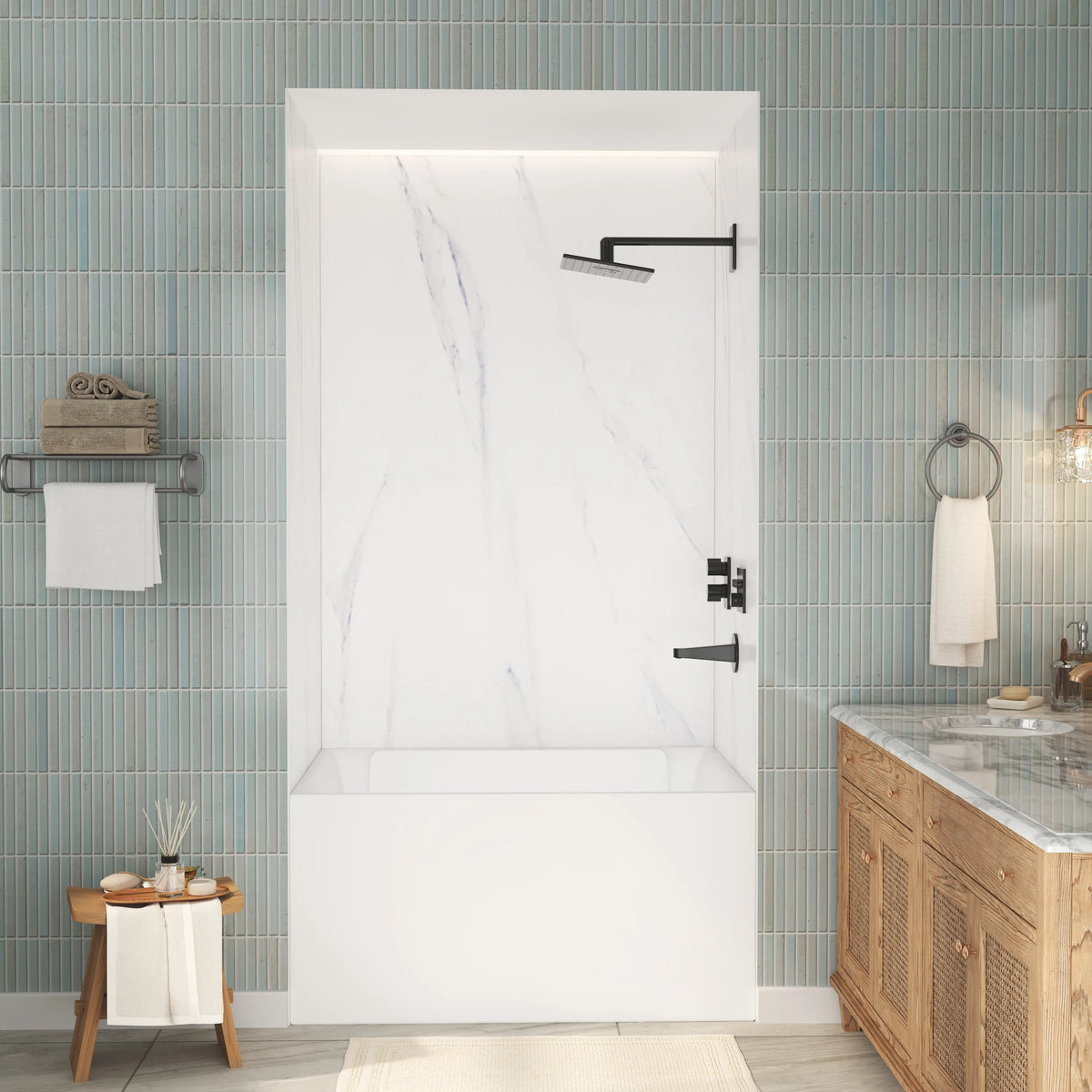 48"x36"x96" Calacatta/Cararra White SMC Shower Wall Panel System, Waterproof Grout-Free Shower Surround