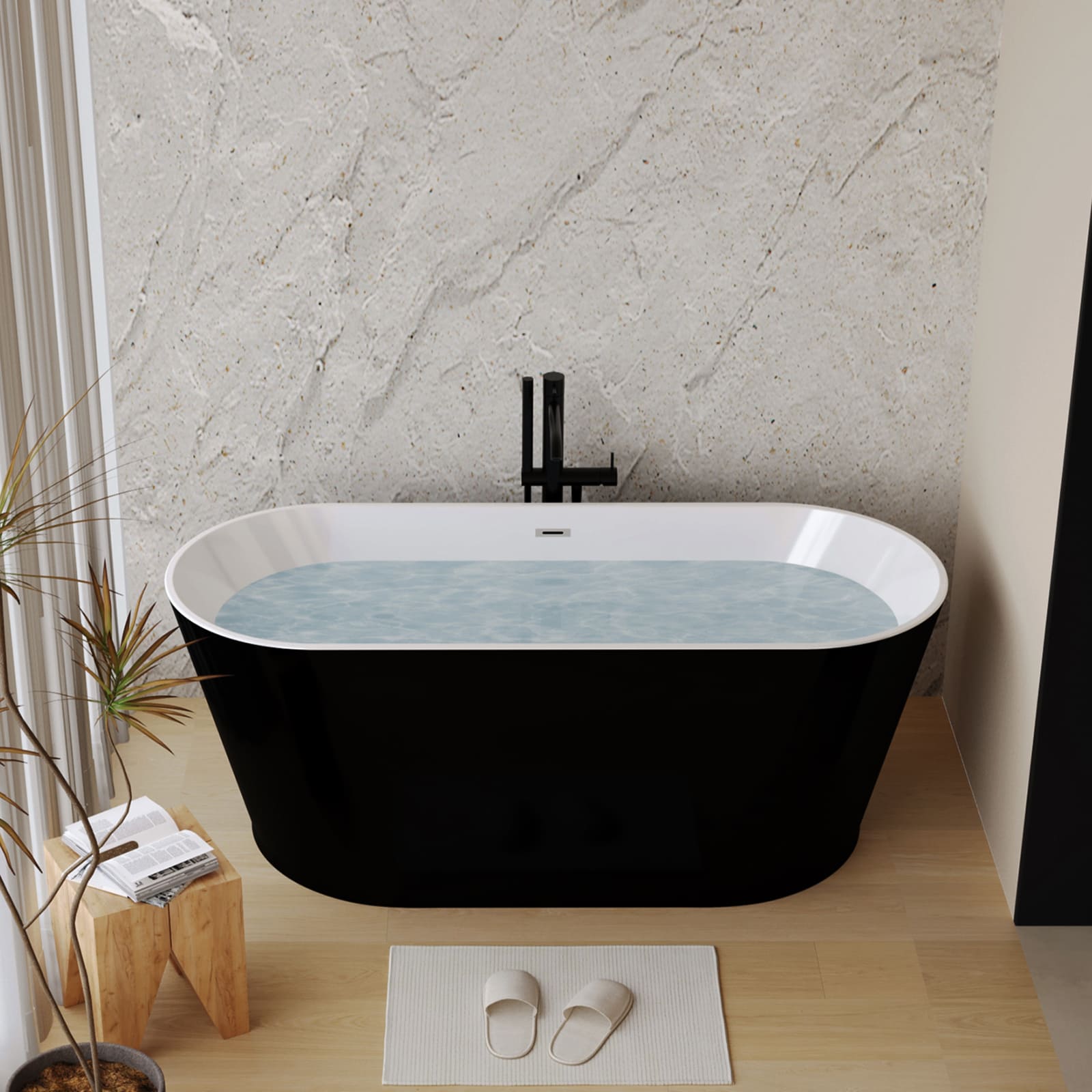 59 in. Acrylic Freestanding Soaking Bathtub with Toe-Tap Drain in Glossy White/Black