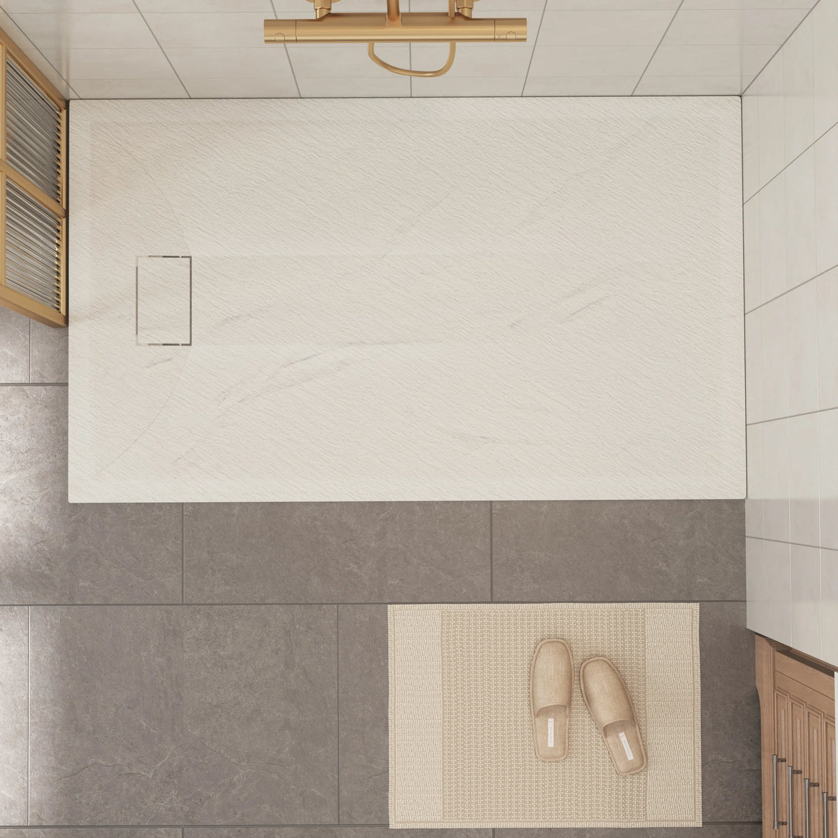 60"x32"/36" Curbless SMC Shower Base with Flamed Rock Slip-Resistant Surface, Reversible Drain